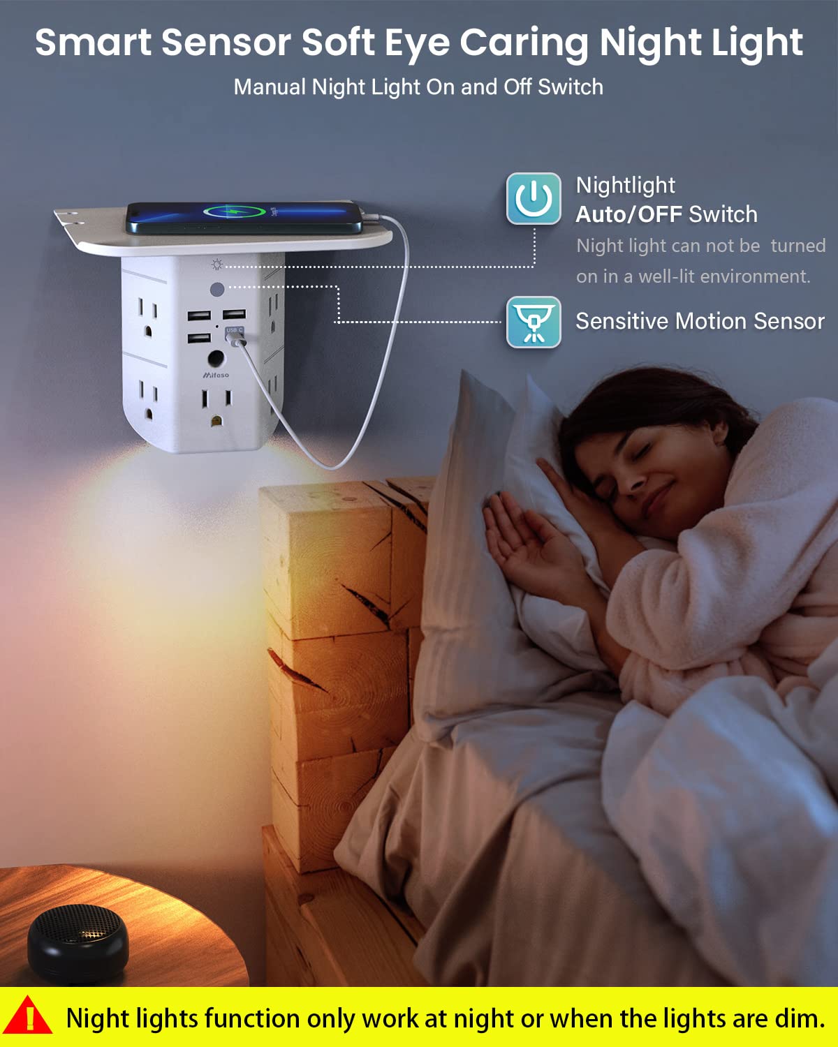 Wall Outlet Extender with Shelf & Night Light - 5 AC Outlets, 3 USB Ports & 1 USB-C Port - Surge Protector Power Strip for Home, Office & Bedroom - Multi Plug Outlet with Wide Spacing for Charging Phones, Laptops & Devices