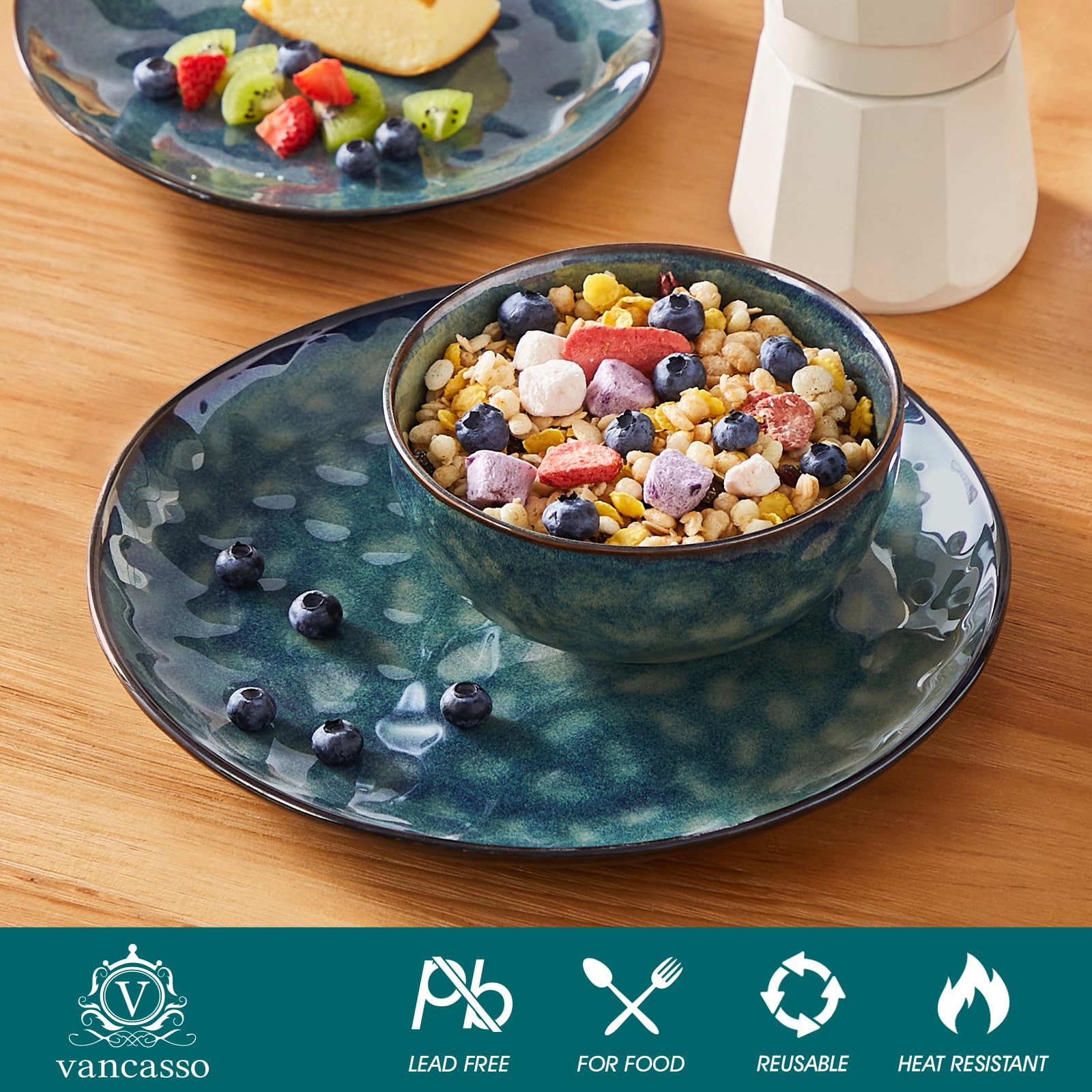 Vancasso Starry 12-Piece Dinnerware Set for 4 - Stoneware Plates & Bowls Set, Dishwasher & Microwave Safe, Green - Perfect for Family Dinners, Parties & Everyday Use