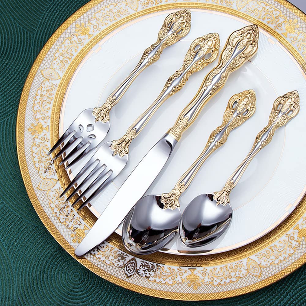 60-Piece Stainless Steel Flatware Set, 18/10 Silverware Cutlery Set for 5 with Knives, Spoons & Forks - Vintage Gold Plated Mirror Polish, Dishwasher Safe - Perfect for Dinner Parties, Restaurants & Elegant Home Dining