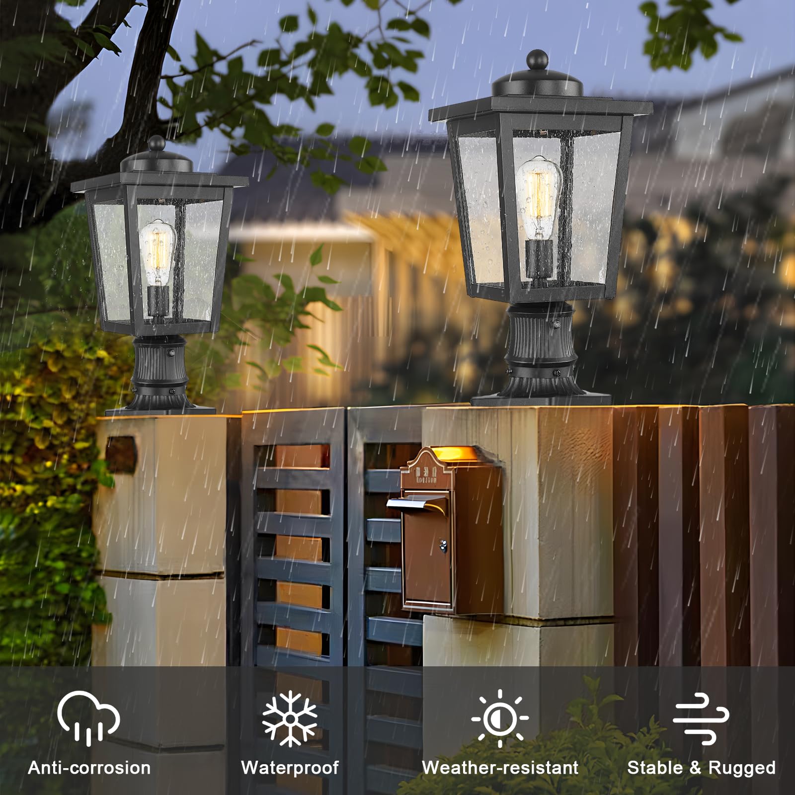 Dusk to Dawn Outdoor Post Lights - Seeded Glass Lamp Post Light Fixture with Black Finish, Waterproof & Rust-Resistant Aluminum Pillar for Walkway, Driveway, Patio, Porch - Perfect for Garden, Yard, and Landscape Lighting