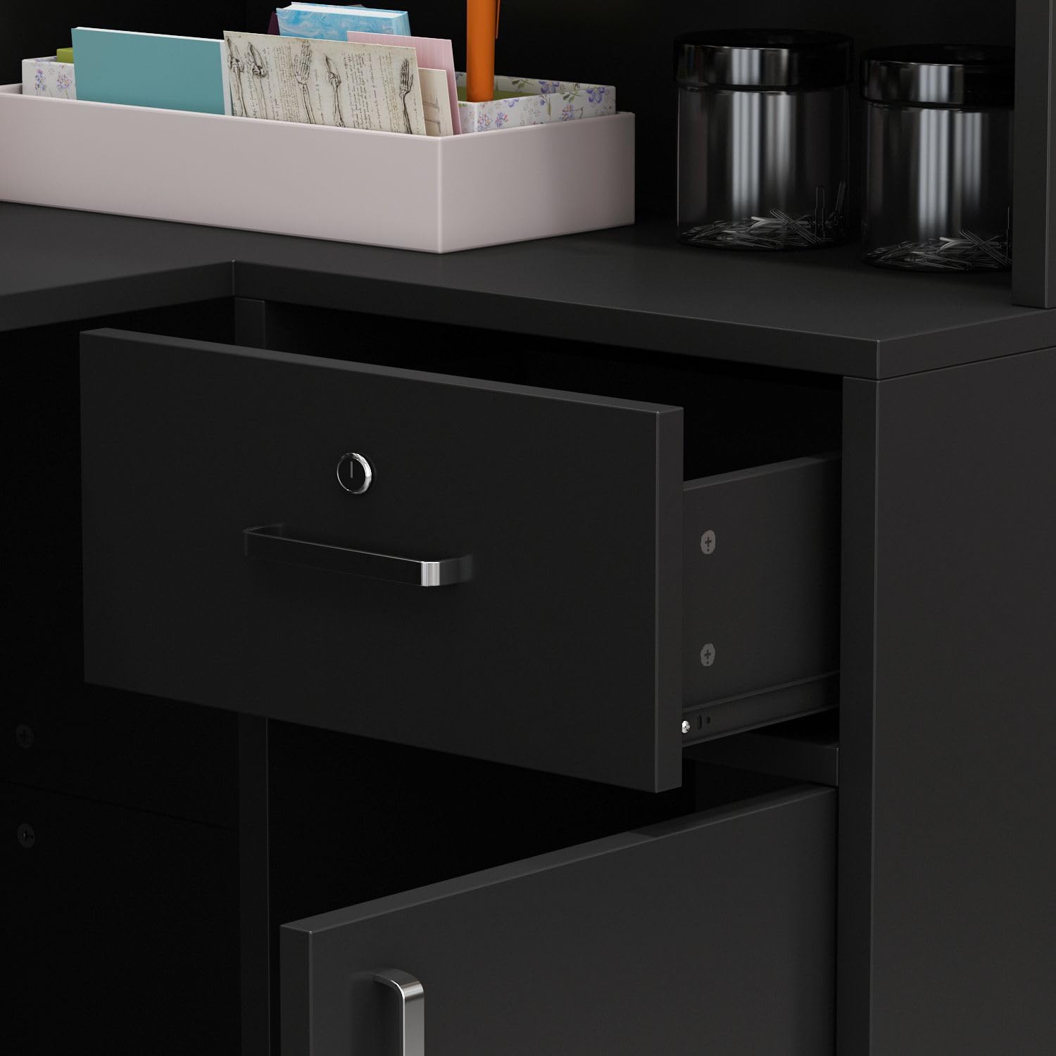 MOUMON L-Shaped Reception Desk with Storage, Keyboard Tray & Shelves - 55.9