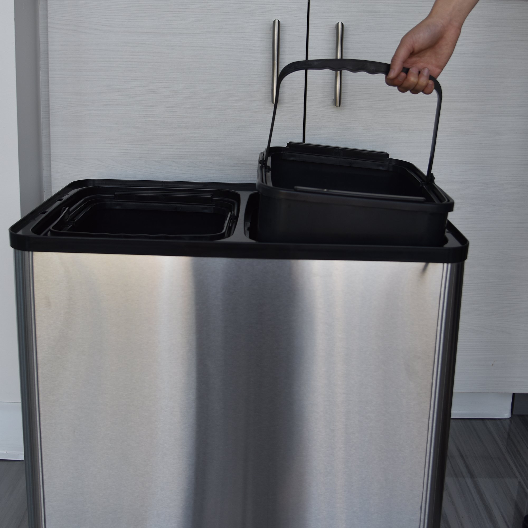 iTouchless 16 Gallon (60 Liter) Stainless Steel Touchless Sensor Trash Can & Recycle Bin with Wheels - Dual-Compartment Kitchen Garbage Can (2 x 8 Gallon) for Waste Sorting, Recycling, and Hygienic Disposal - Perfect for Home, Office, and Restaurant Use