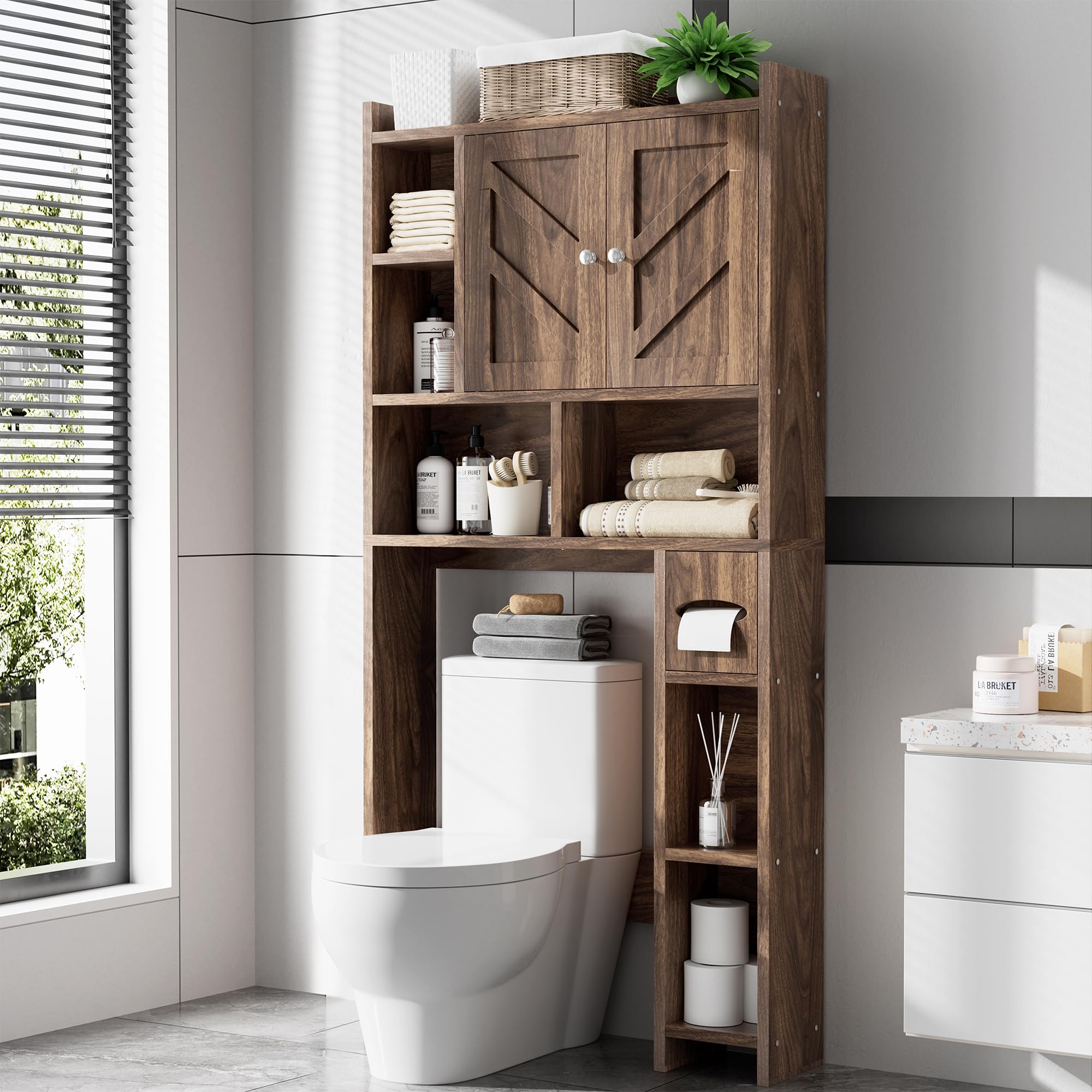 Meilocar Freestanding Farmhouse Bathroom Storage Cabinet Over Toilet - Adjustable Shelf & Toilet Paper Holder Stand - Walnut Finish - Perfect for Small Bathroom Organization & Space Saving