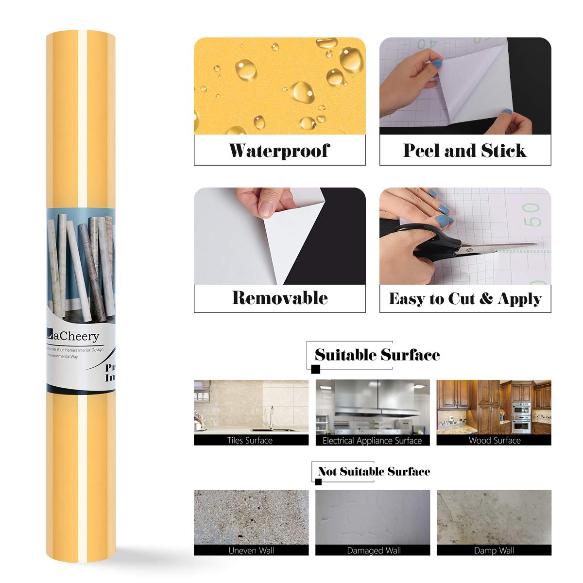 LACHEERY Glossy Yellow Self-Adhesive Contact Paper - Waterproof Peel & Stick Wallpaper for Countertops, Cabinets, Furniture - 15.8