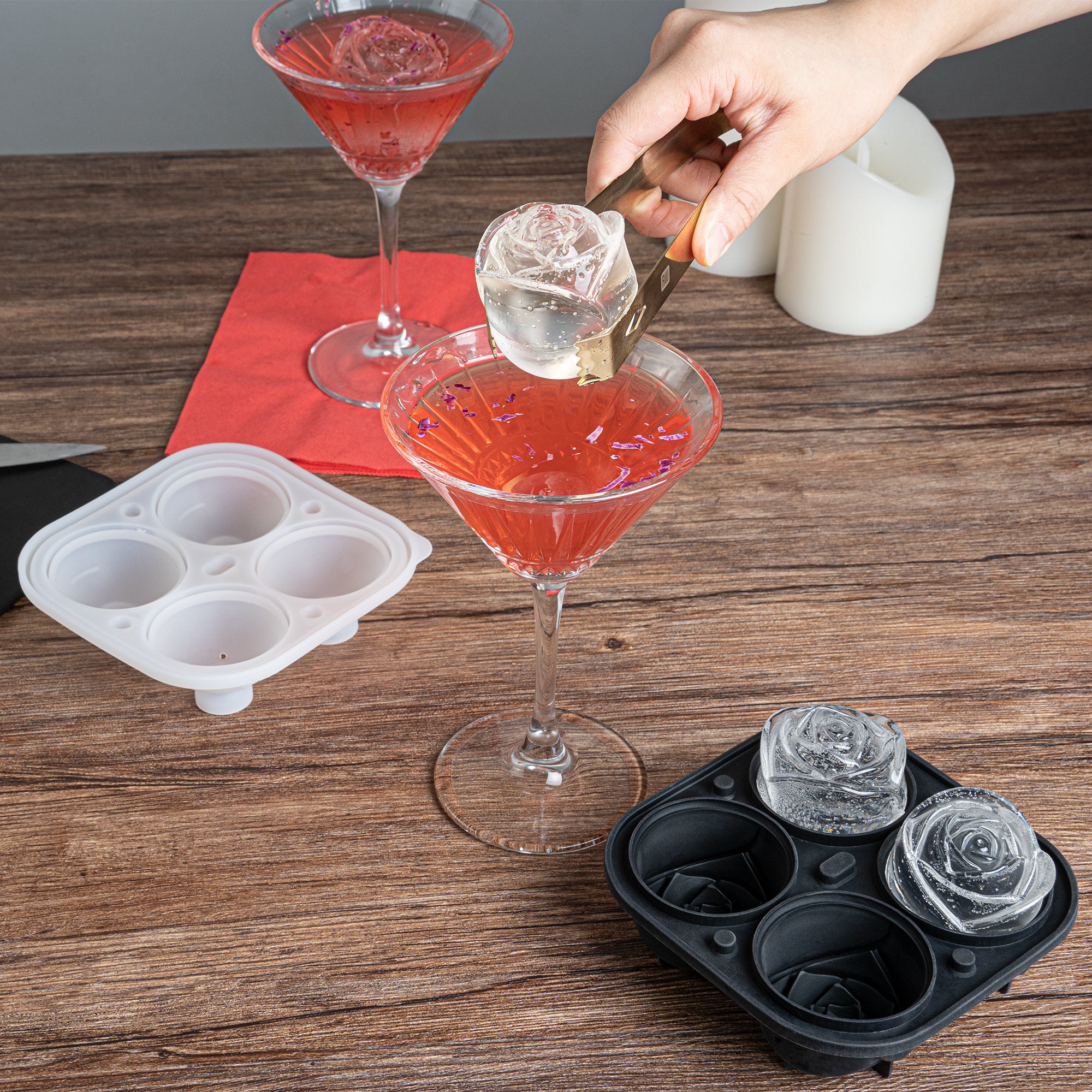 Premium Black Silicone Ice Cube Tray with 2 Rose & 4 Compartment Designs - 1 Count Box - Perfect for Cocktails, Champagne & Romantic Dinner Decorations