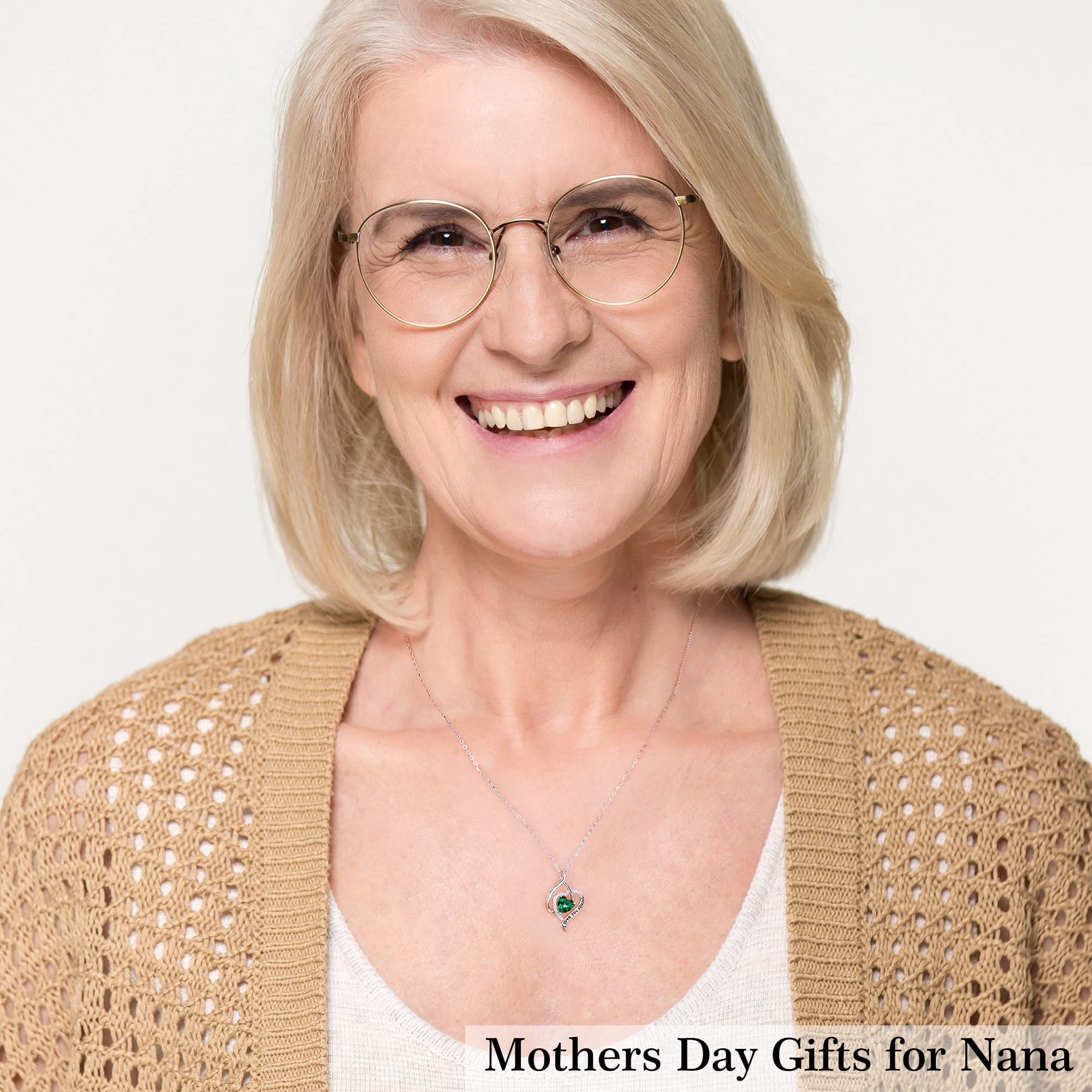 Nana Birthstone Necklace - 925 Sterling Silver Heart Pendant with Created Emerald | Personalized 'I Love You' Jewelry Gift for Grandma | Perfect for Mother's Day, Birthday & Anniversary Gifts