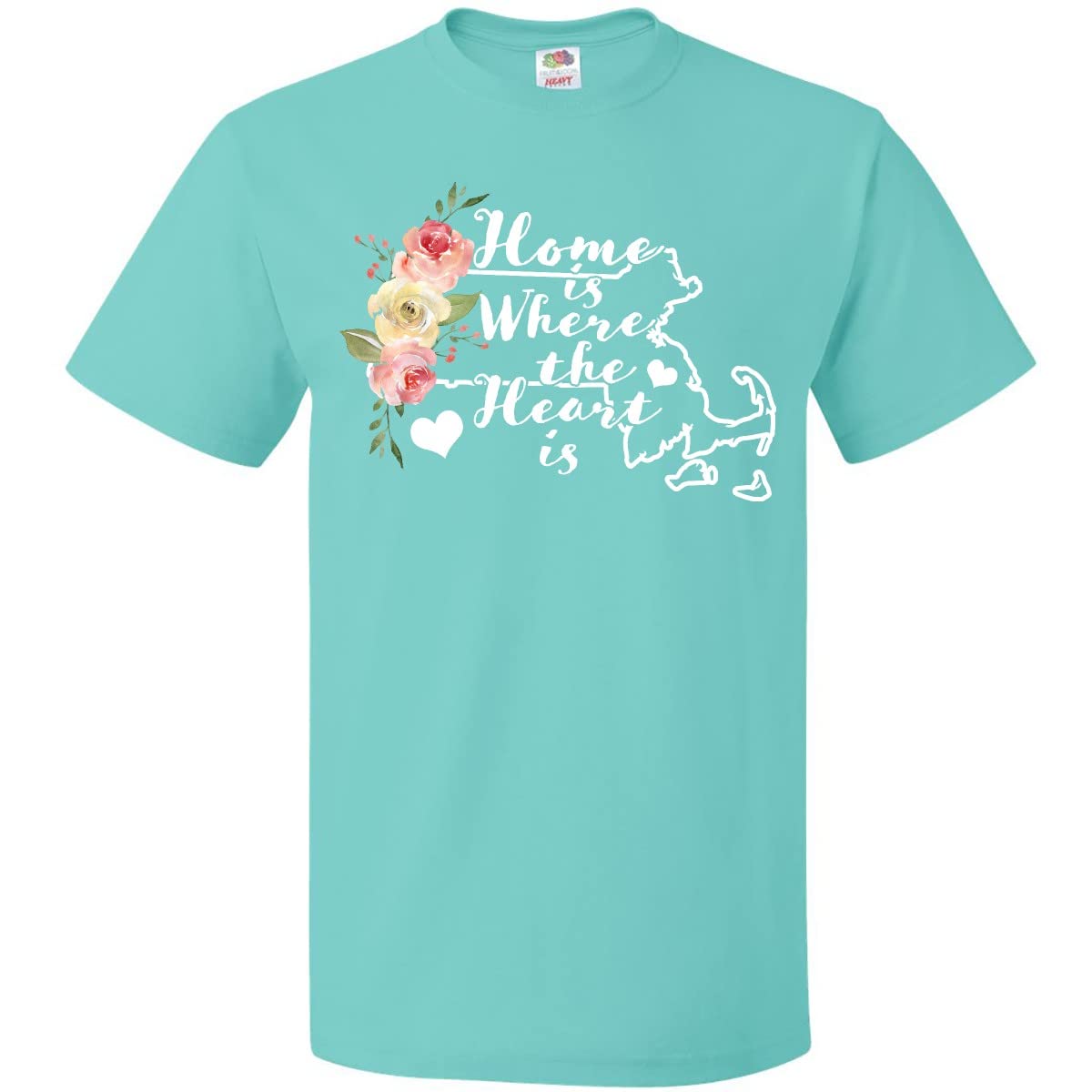 Inktastic Massachusetts Home is Where The Heart is Watercolor Graphic T-Shirt - Comfortable Casual Wear for Travel, Gifts & State Pride