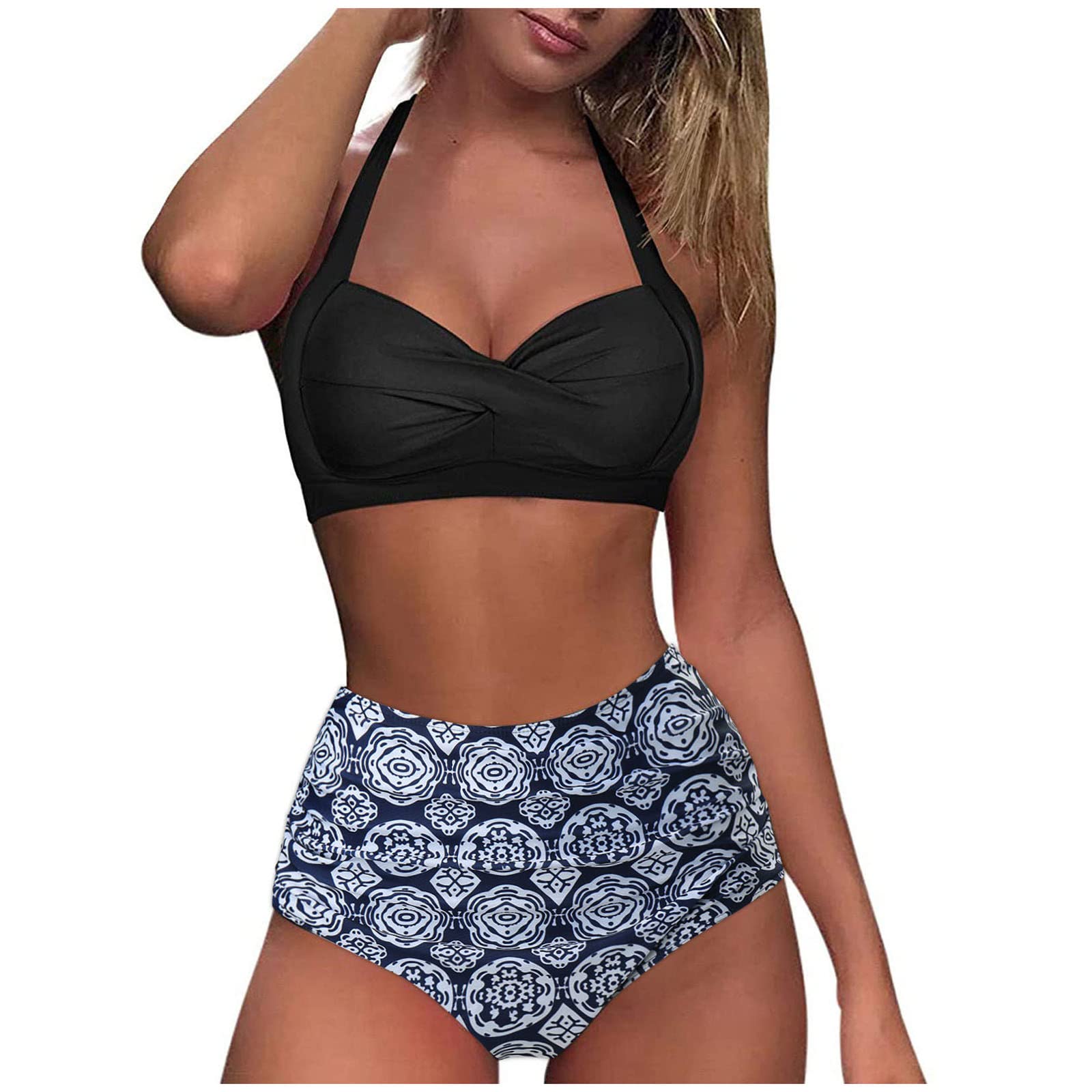 **Women's Sexy High Waisted Bikini Set - Summer Print & Solid Color Swimwear for Beach, Pool & Vacation**