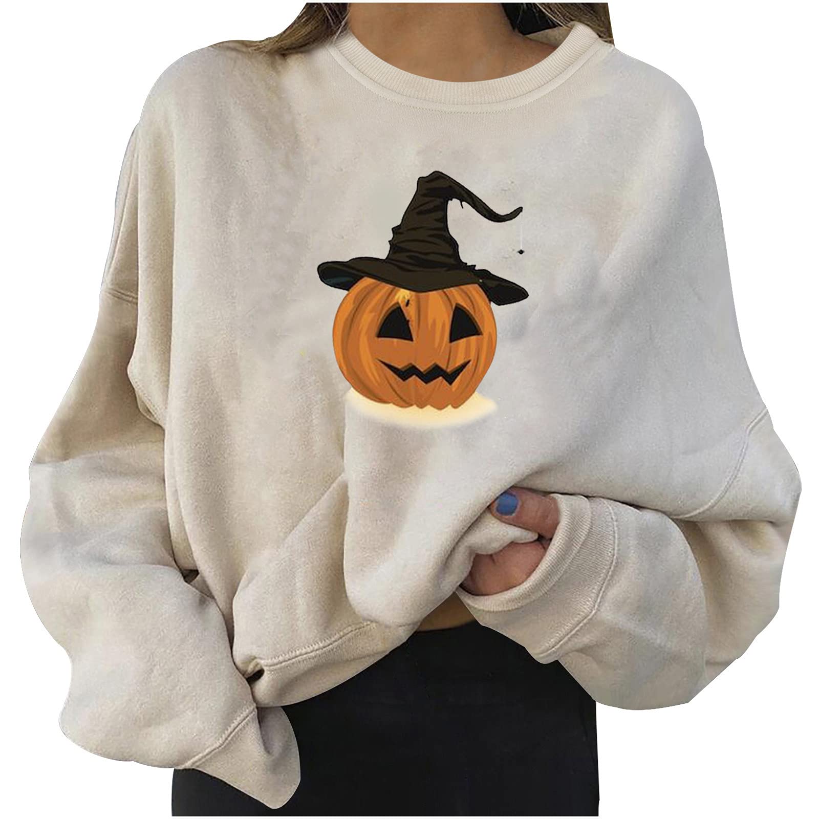 Women's Halloween Graphic Sweatshirt - Pumpkin Ghost Long Sleeve Crewneck Pullover for Autumn | Cozy Fall Fashion & Spooky Party Outfit
