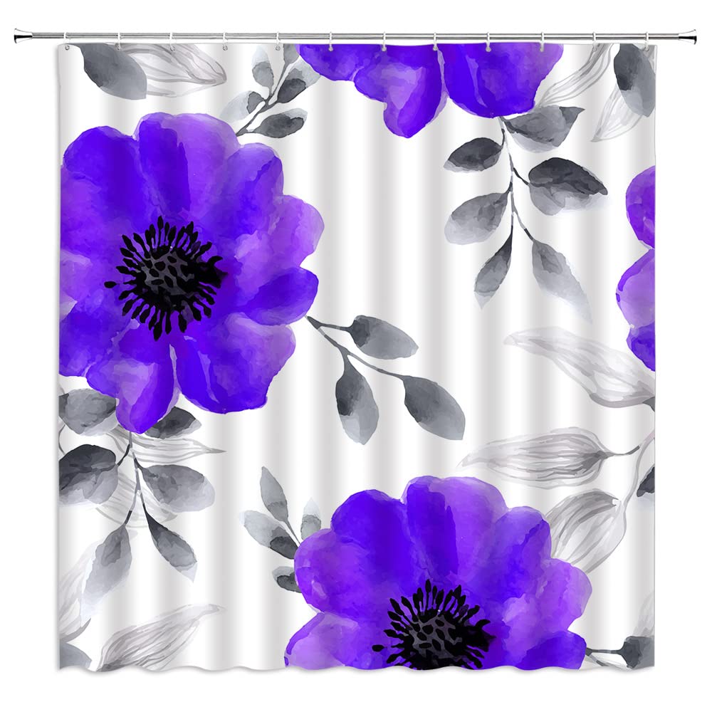 Vintage Floral Shower Curtain - Spring Flower Watercolor Design with Grey Leaves, Botanical Nature Theme for Rustic Country Bathroom Decor | Fabric Bath Curtain with Hooks for Cozy Farmhouse or Cottage Style Bathrooms