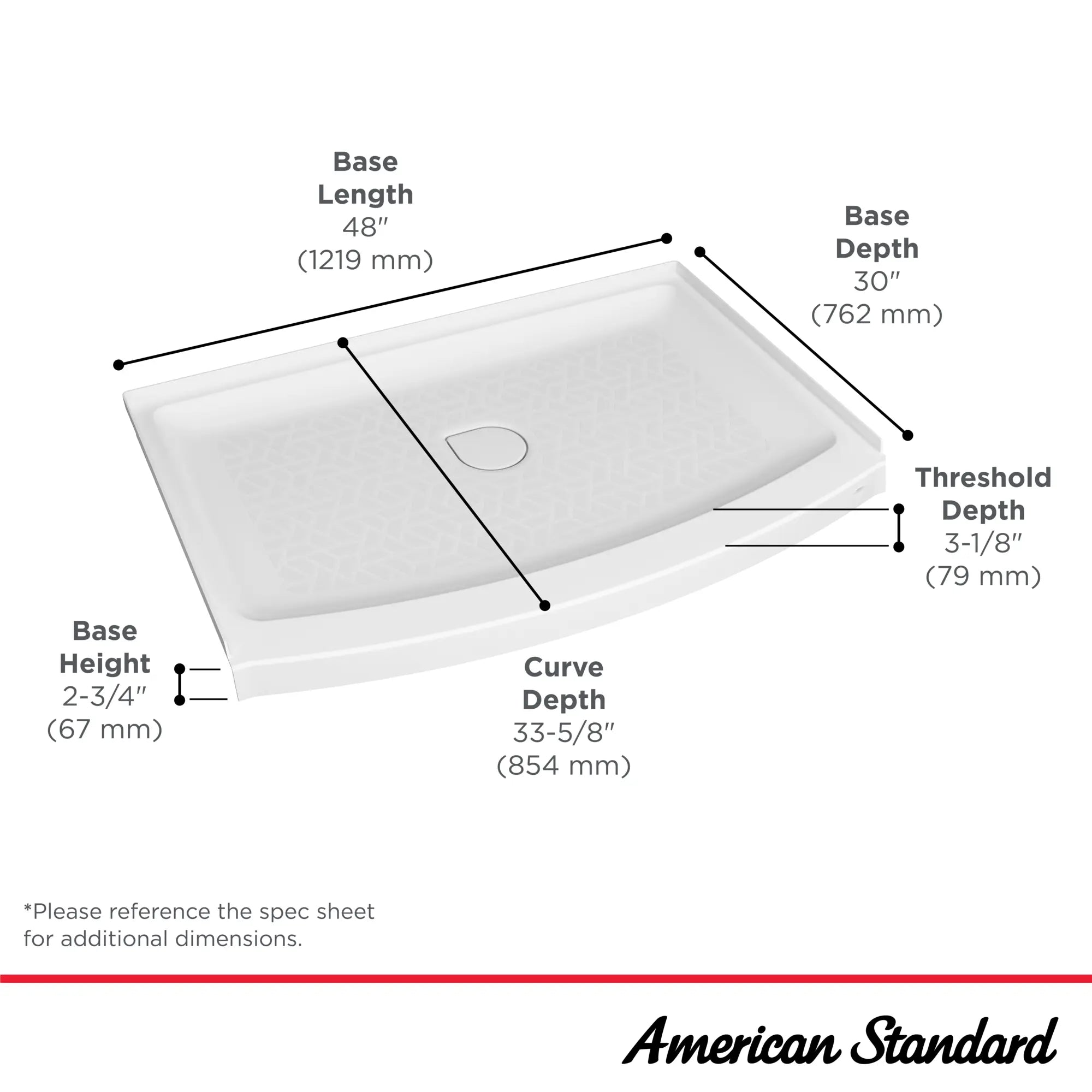 48x30 Inch White Curved Shower Base with Center Drain - Non-Slip Bathroom Floor Pan for Walk-In Showers - Perfect for Modern Home & Spa Renovations