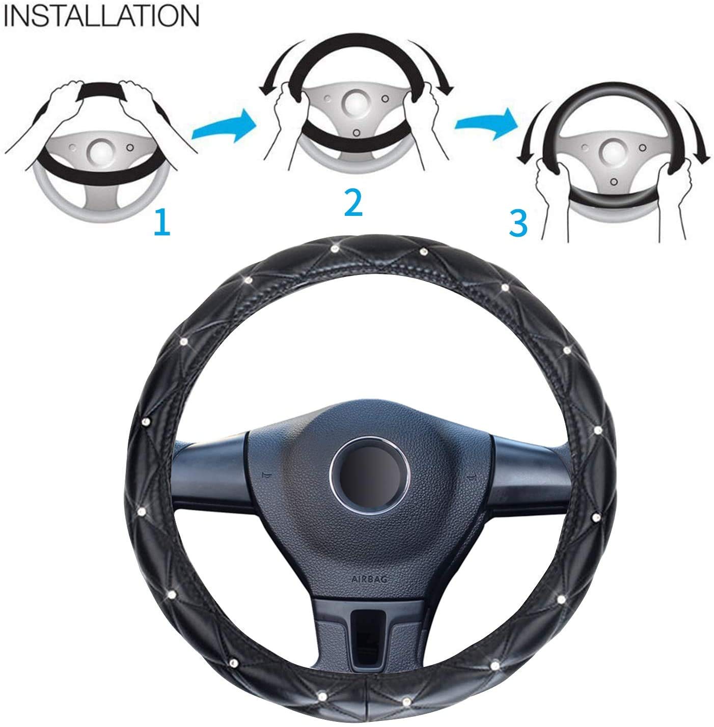 Luxury PU Leather Steering Wheel Cover with Bling Crystal Crown - Universal Fit 15