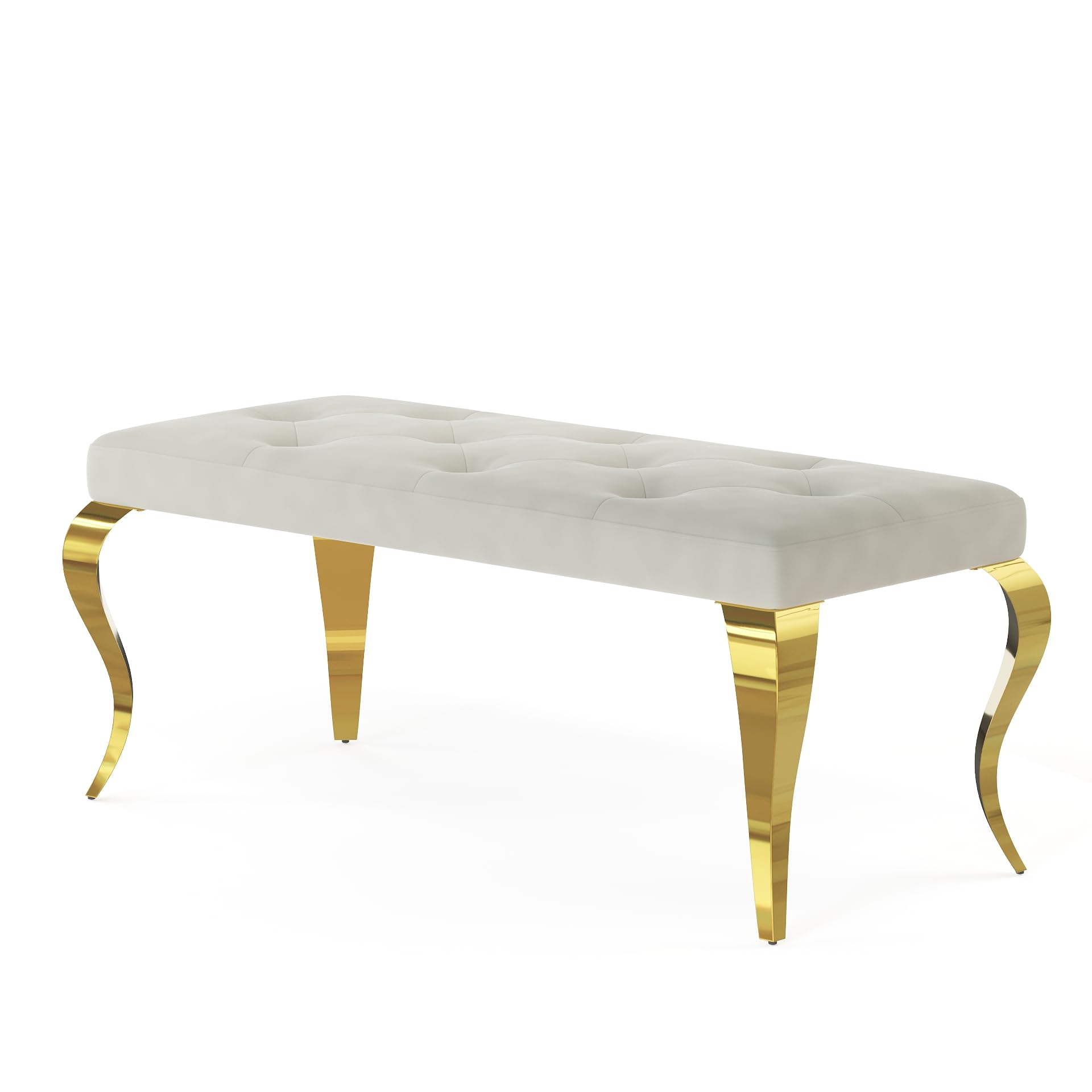 AUZ Beige Velvet Bench with Button Tufted Upholstery and Gold Cabriole Legs, White and Gold Upholstered Dining Table Bench for Kitchen, Bedroom, Entryway, and Living Room Decor