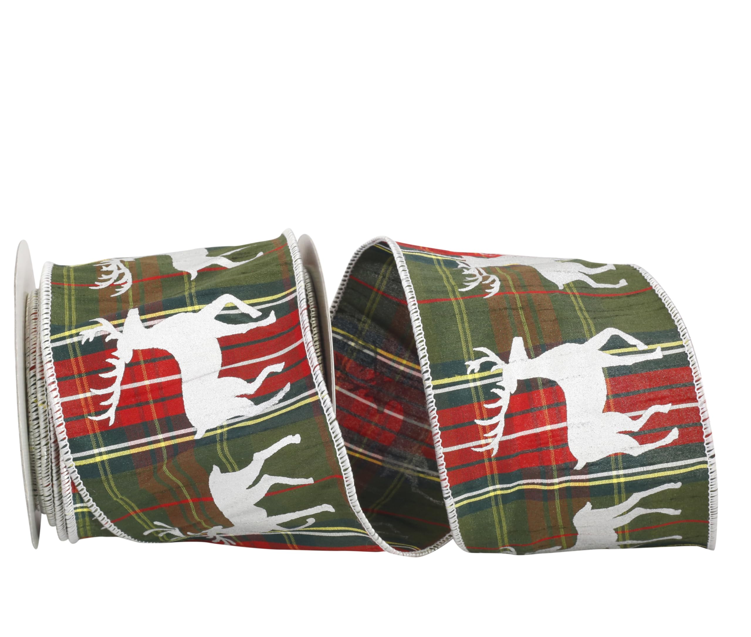 Reliant Ribbon Deer Plaid Dupioni Wired Edge Ribbon - 4 Inch X 10 Yards, Multi-Color for Gift Wrapping, Wedding Decorations & DIY Crafts