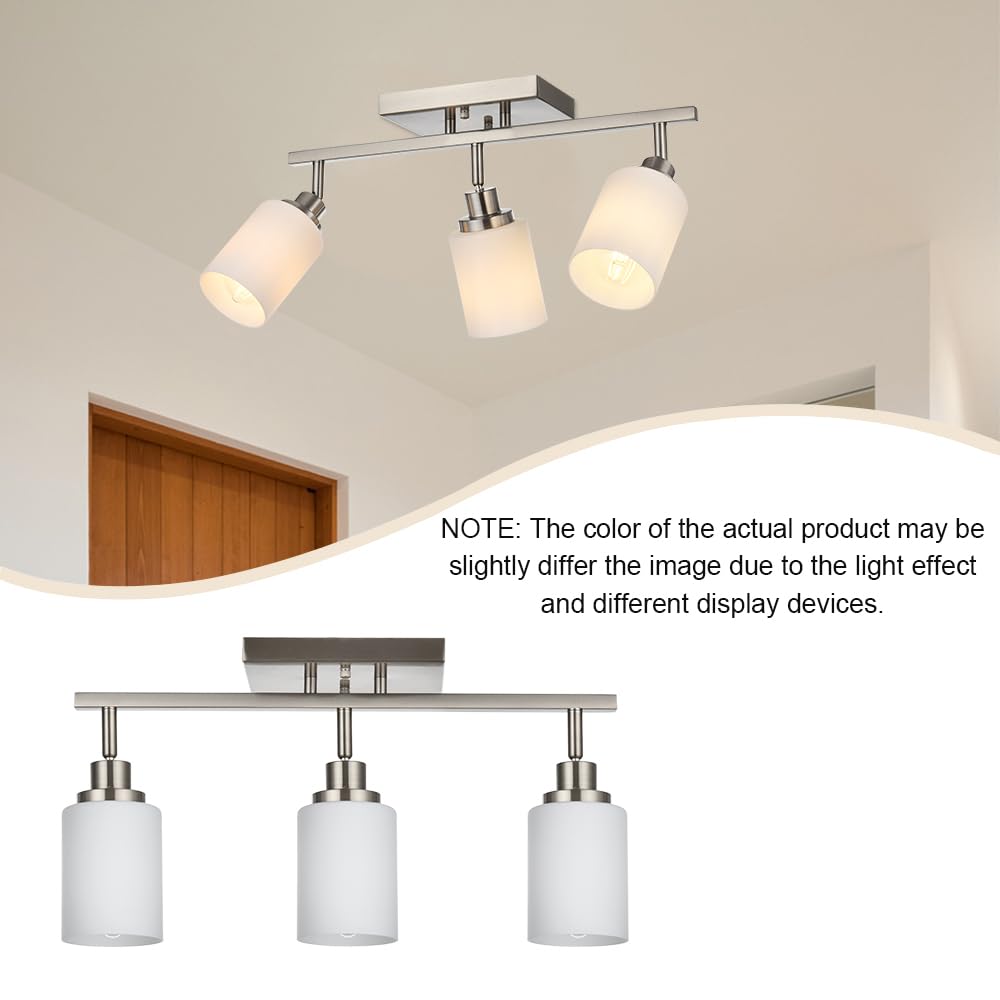 3-Light Brushed Nickel Track Lighting Fixture with Opal White Glass Shades, E26 Bulb Base - Modern Ceiling & Wall Spot Lights for Living Room, Kitchen, Gallery & Retail Stores