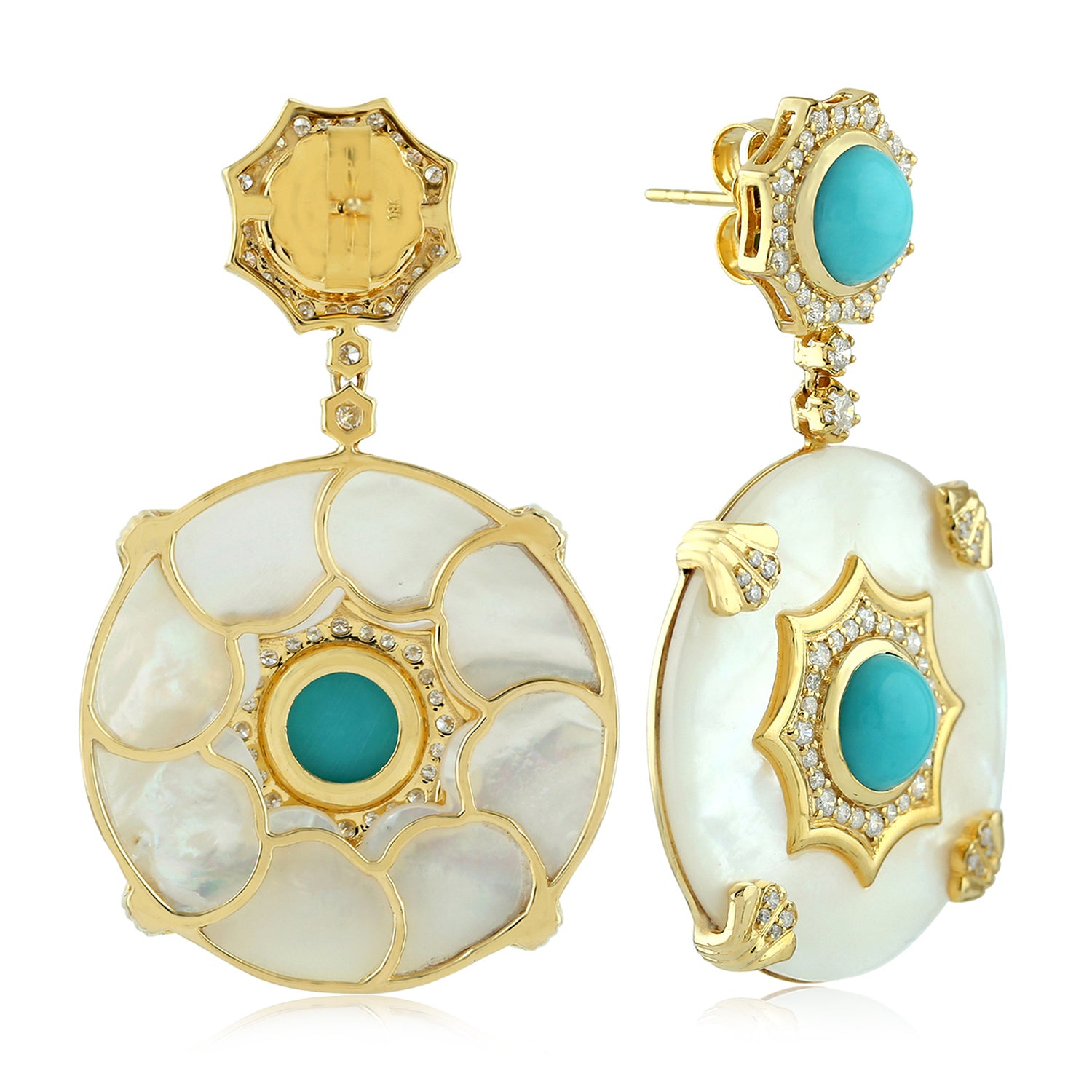 Elegant Round Cut Mother of Pearl & Turquoise Pave Diamond Dangle Earrings in 14K Yellow Gold - Perfect for Weddings, Parties & Special Occasions