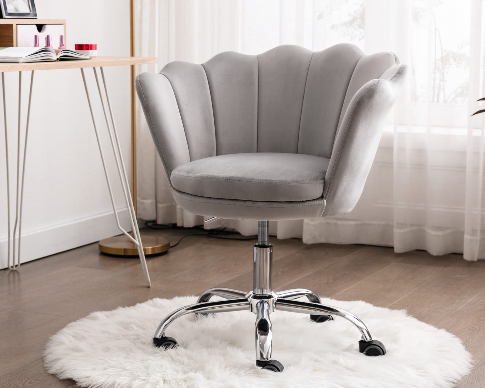 Velvet Adjustable Swivel Rolling Desk Chair - Ergonomic Home Office Task Chair with Wheels for Adults & Teens, Perfect for Study Room, Bedroom & Vanity Area (Gray)