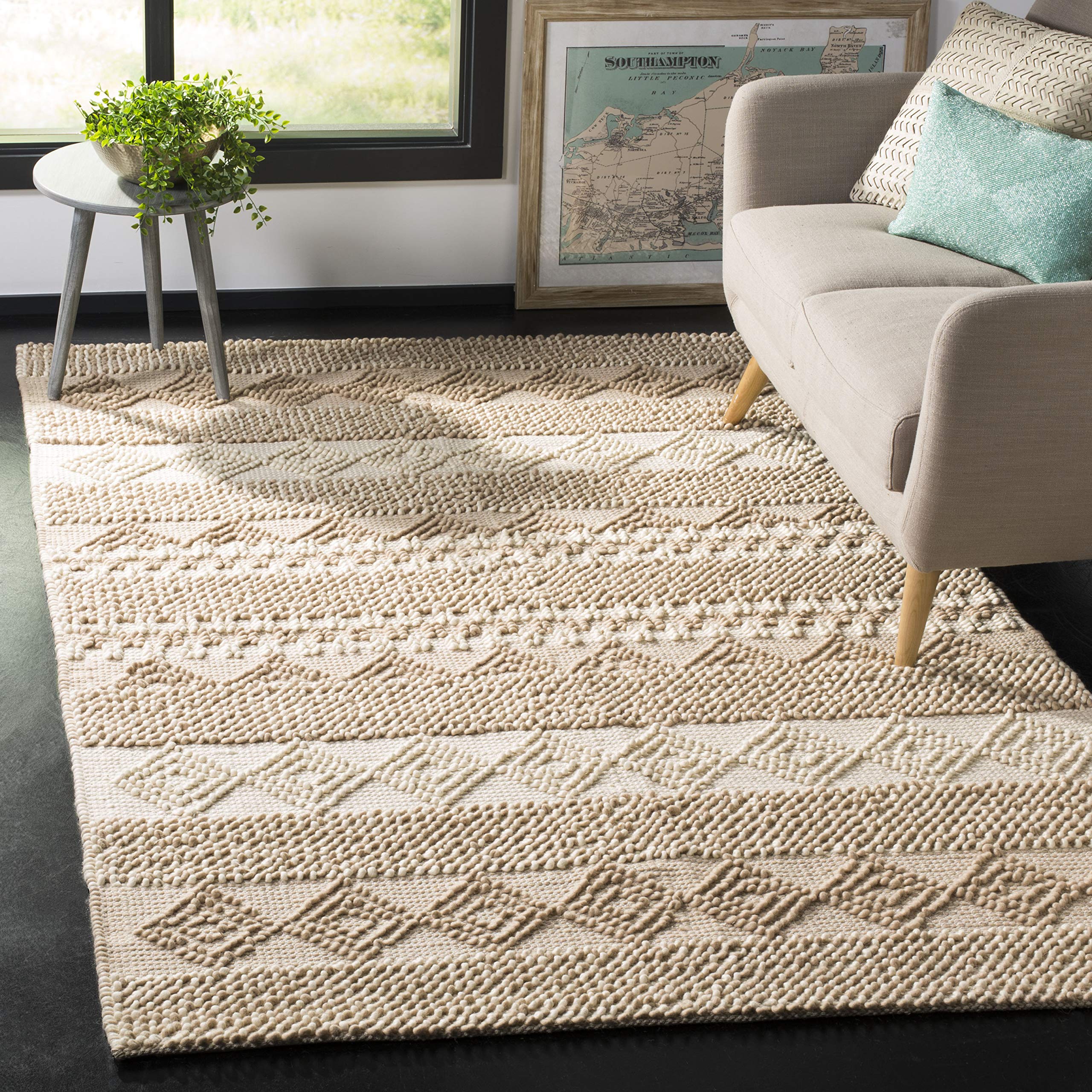 SAFAVIEH Natura Collection 9' Square Beige/Ivory NAT102B Handmade Moroccan Boho Tribal Wool & Cotton Area Rug for Living Room, Dining Room, Bedroom - Soft & Durable Floor Covering for Home Decor