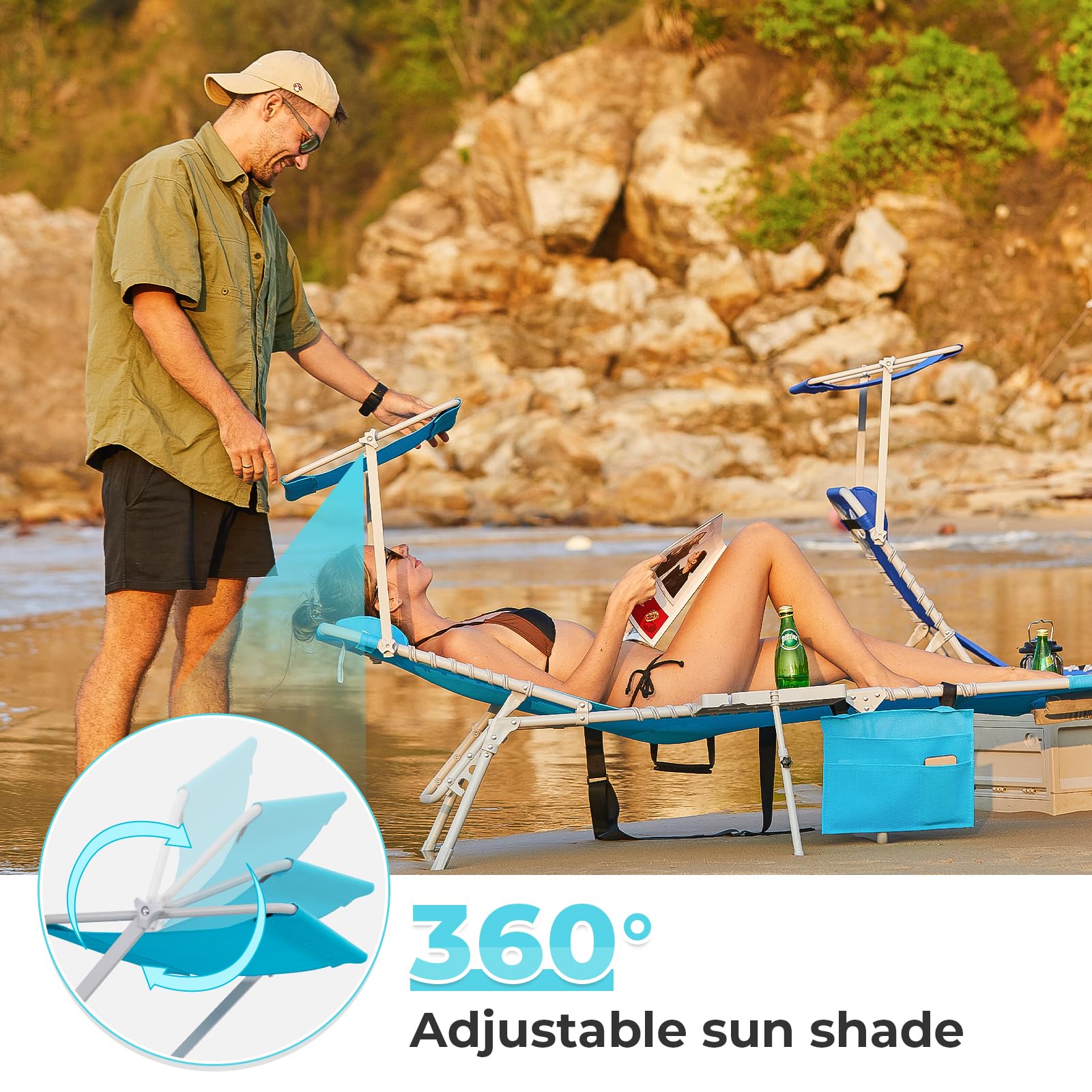 WEJOY Folding Tanning Chair with Face Hole - Adjustable Backrest, Canopy Shade, Side Table & Storage Pocket - Portable Chaise Lounge for Beach, Pool, Patio, Camping & Backyard Sunbathing | Perfect for Relaxing, Reading & Outdoor Lounging
