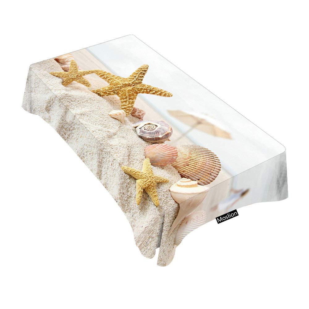 Premium 60x84 Inch Decorative Rectangle Tablecloth - Starfish & Seashell Beach Theme for Dining, BBQ, Picnic & Coffee Tables | Waterproof & Washable Outdoor/Indoor Use
