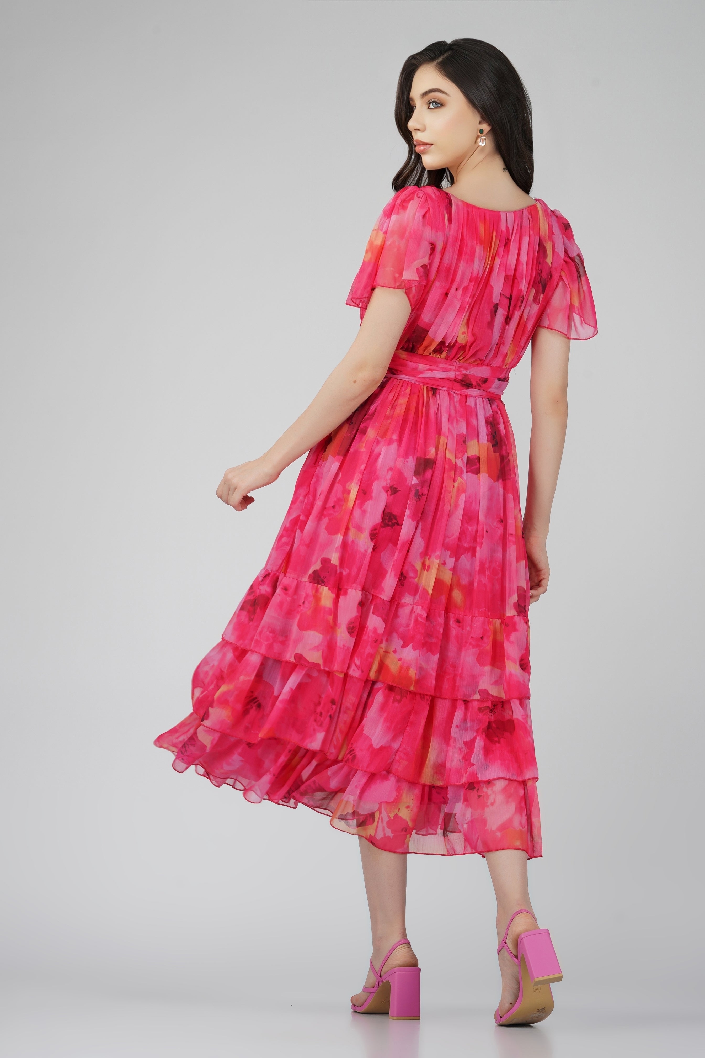Madison Sunset Pink Chiffon Midi Dress - Elegant Flowy Summer Dress for Women | Perfect for Beach Weddings, Date Nights & Special Occasions