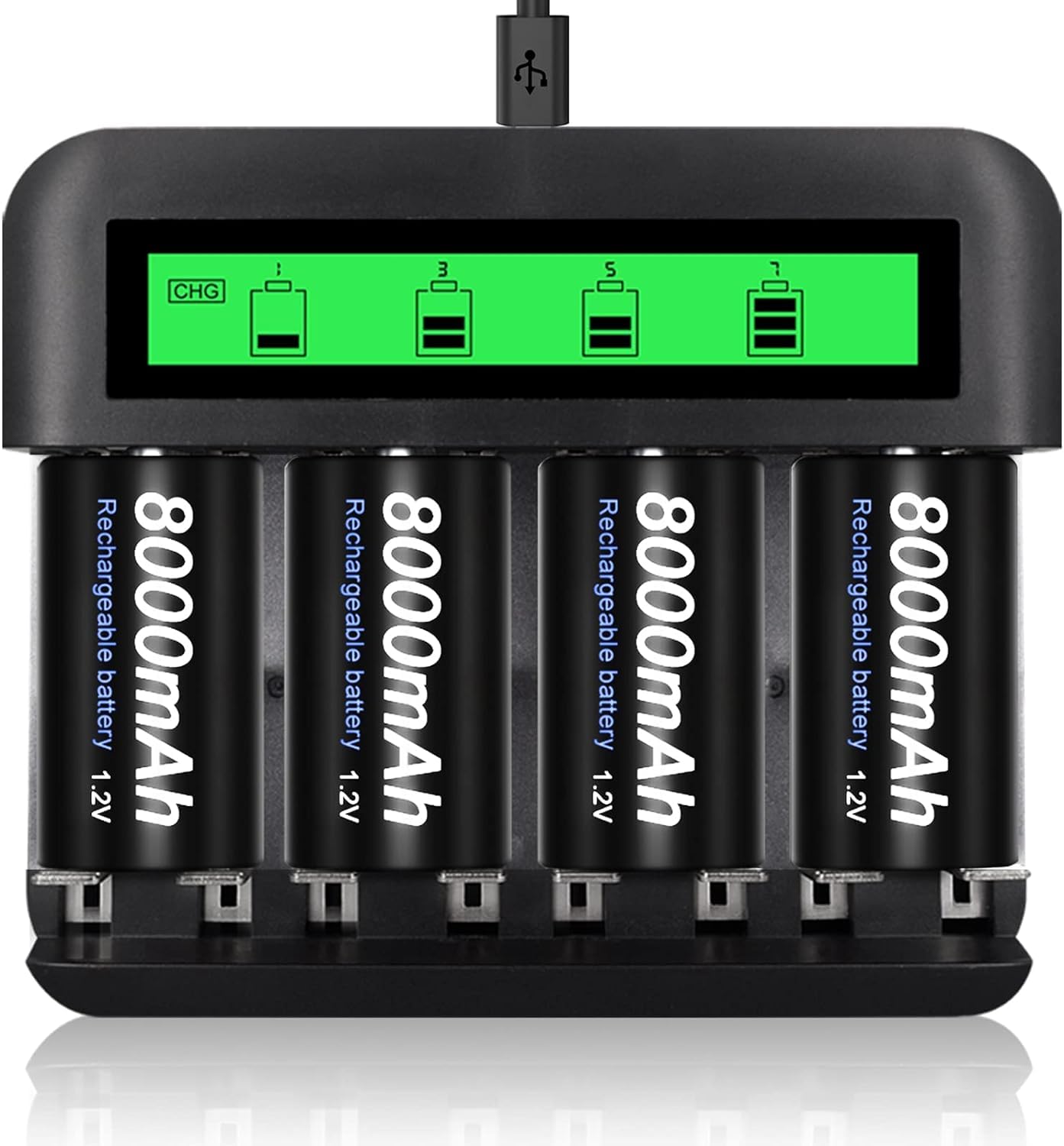 CITYORK 4 Pack Rechargeable D Batteries 10000mAh with 8 Bay Charger - Compatible with 1.2V AA/AAA/C/D Ni-MH Ni-CD Batteries - Perfect for Flashlights, Toys, Cameras, and Electronic Devices