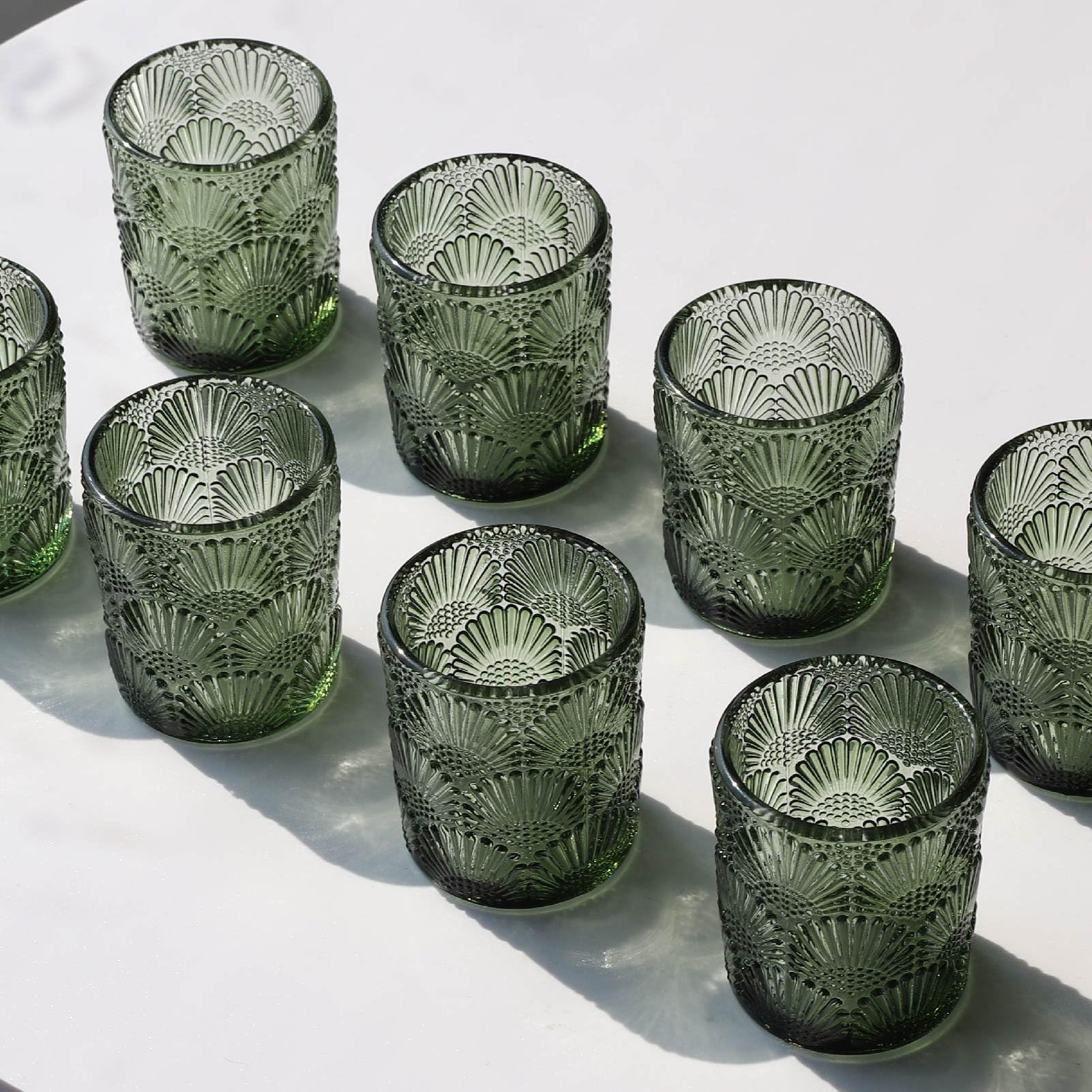 Woho Set of 12 Green Glass Votive Candle Holders - Tealight Candle Holders for Wedding Centerpieces, Fall Decor, Thanksgiving & Christmas Table Decorations - Perfect for Romantic Dinners, Holiday Parties & Home Ambiance