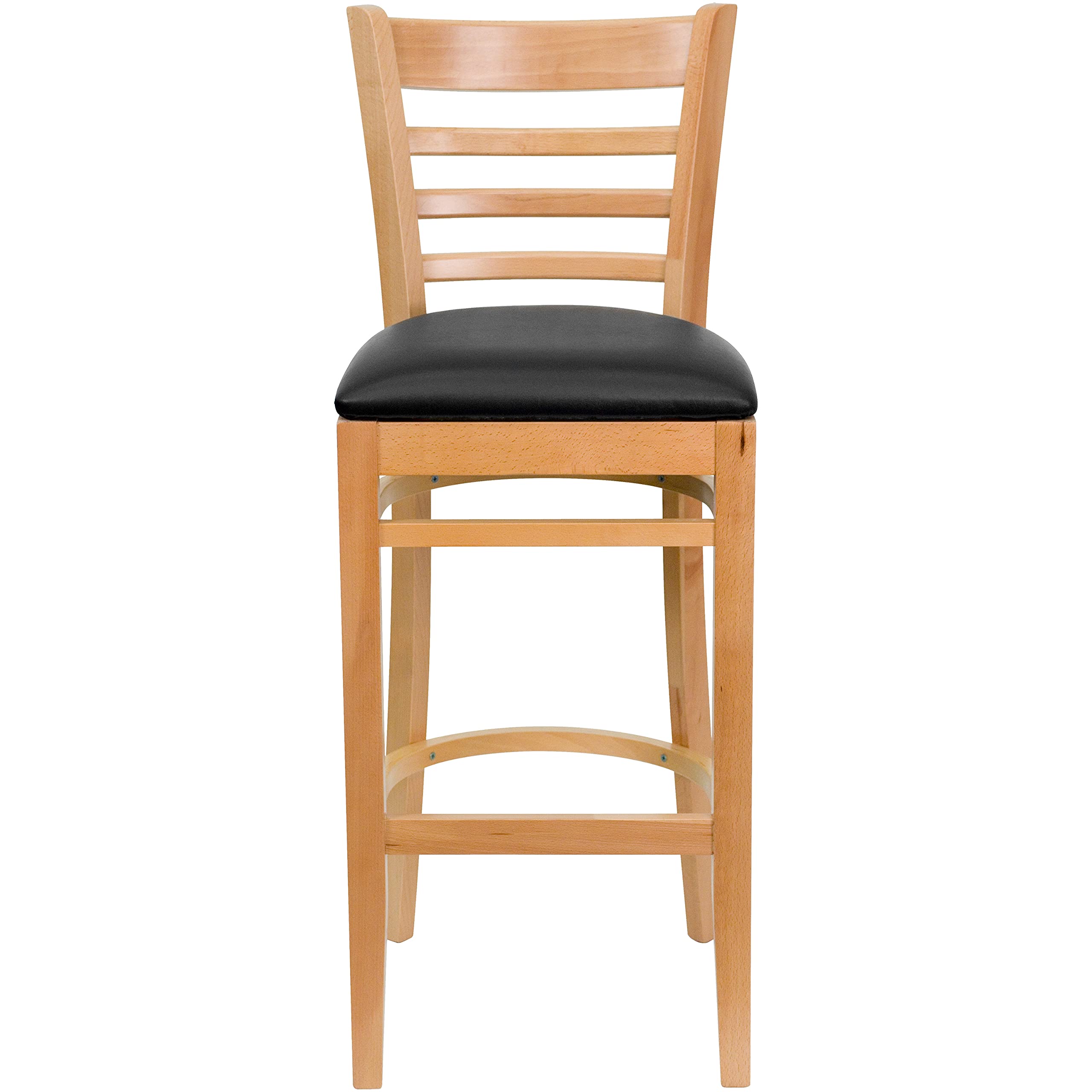 EMMA + OLIVER Natural Wood Ladder Back Bar Stool with Black Vinyl Seat - Perfect for Kitchen Islands, Breakfast Bars & Home Decor