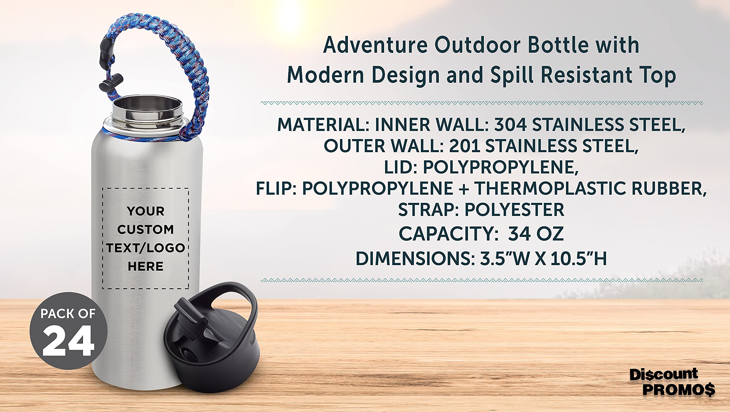 24 Pack Vulcan Stainless Steel Water Bottles 34oz with Adjustable Strap - Custom Text/Logo - Double Wall Vacuum Insulated Silver - Perfect for Gym, Hiking, Camping & Office Use
