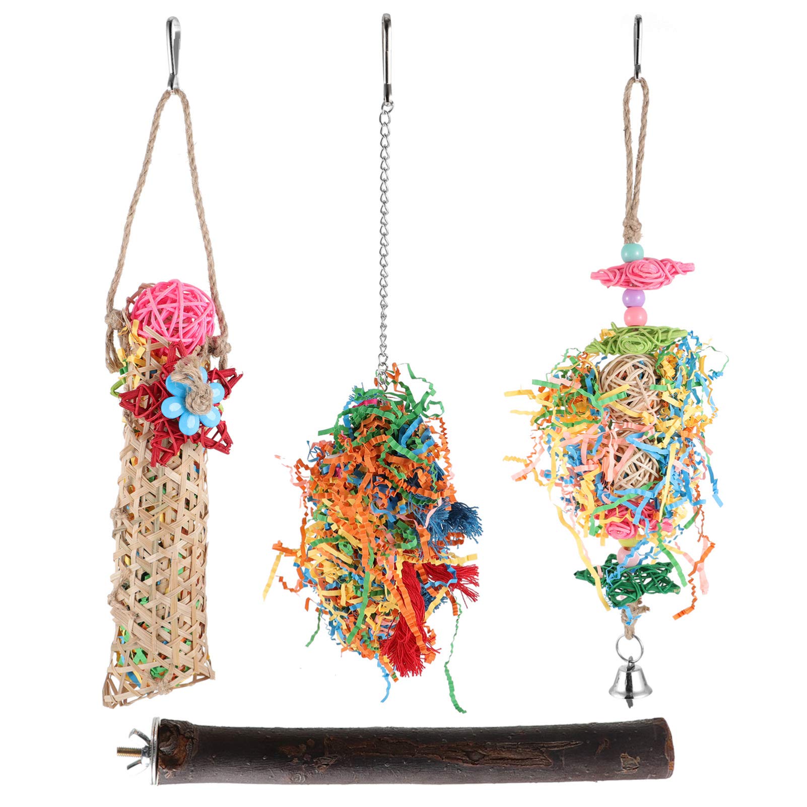 Balacoo 4Pcs Parrot Chewing Toys - Hanging Bird Cage Toys with Loofah & Plush for Parakeets, Cockatiels & Pet Birds - Durable Plastic Bird Toys for Mental Stimulation & Beak Exercise - Perfect for Cage Enrichment & Playtime