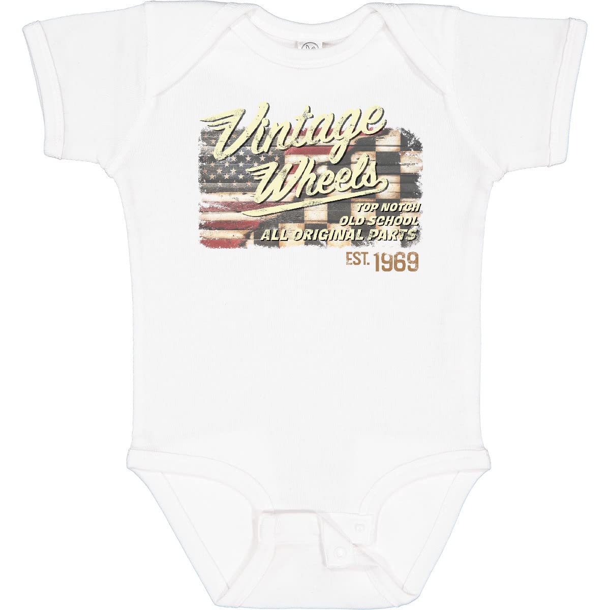 Inktastic Vintage Wheels American Racing Flag Baby Bodysuit - Cute Outfit for Infants, Toddler Racing Fan Gift, Comfortable Cotton Onesie for Boys & Girls - Perfect for Car Shows, Birthday Parties & Family Photos