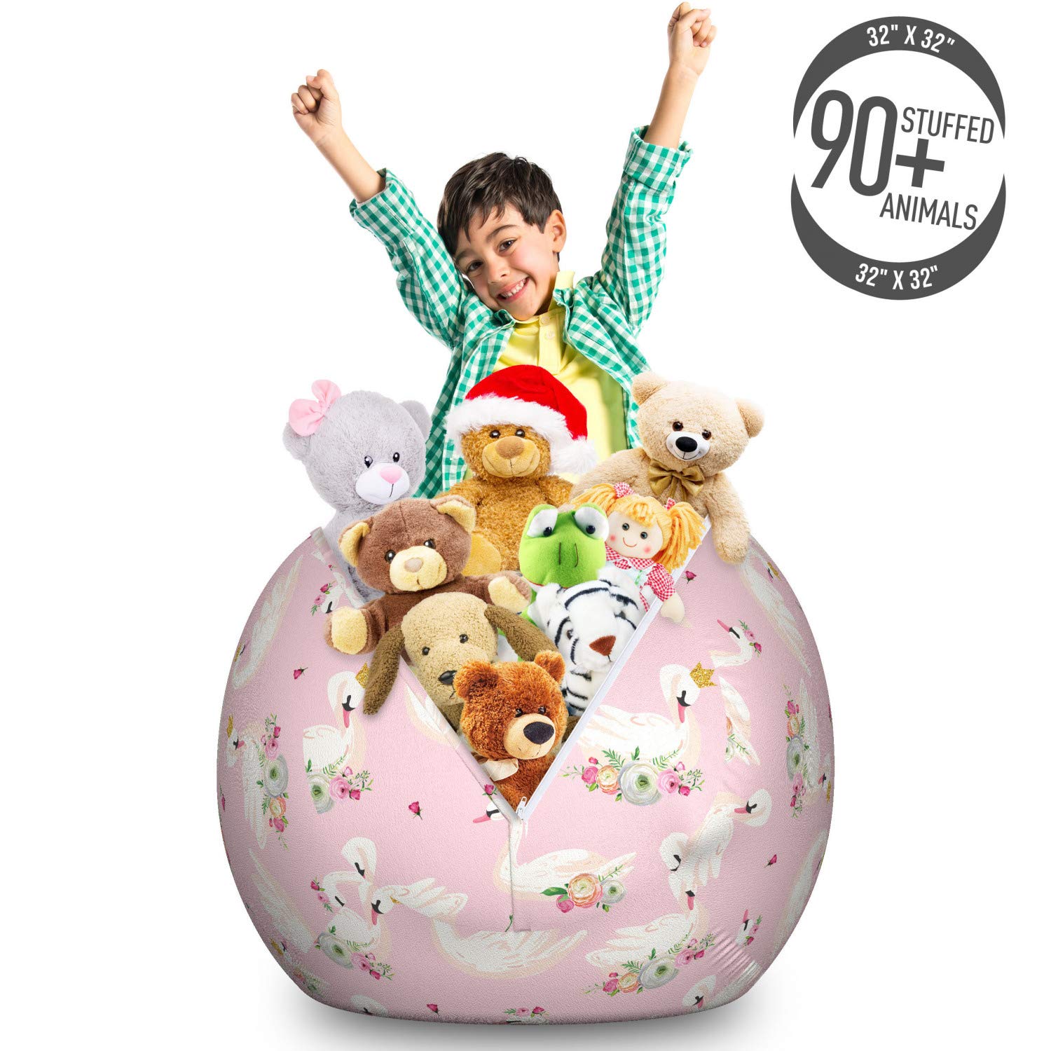 Ambesonne Large Washable Storage Toy Bag Chair - Floral Swan Design with Crown, Rose Pink Stuffed Animal Organizer for Kids' Room, Nursery, or Playroom | Perfect for Organizing Toys, Blankets, and Plushies