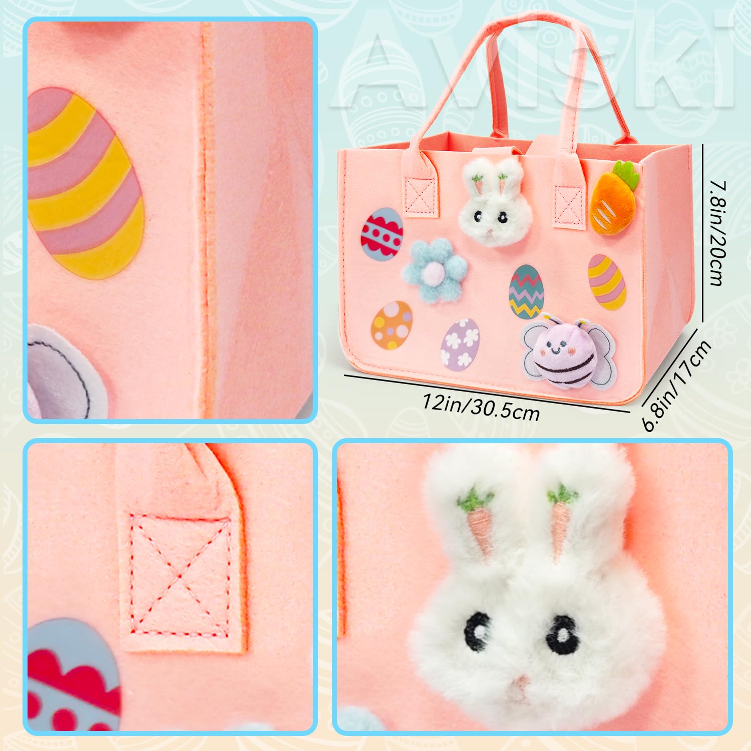 Aviski 2-Pack Easter Egg Hunt Bags with Handles - Pastel Pink & Light Blue Felt Easter Bunny Gift Bags (12