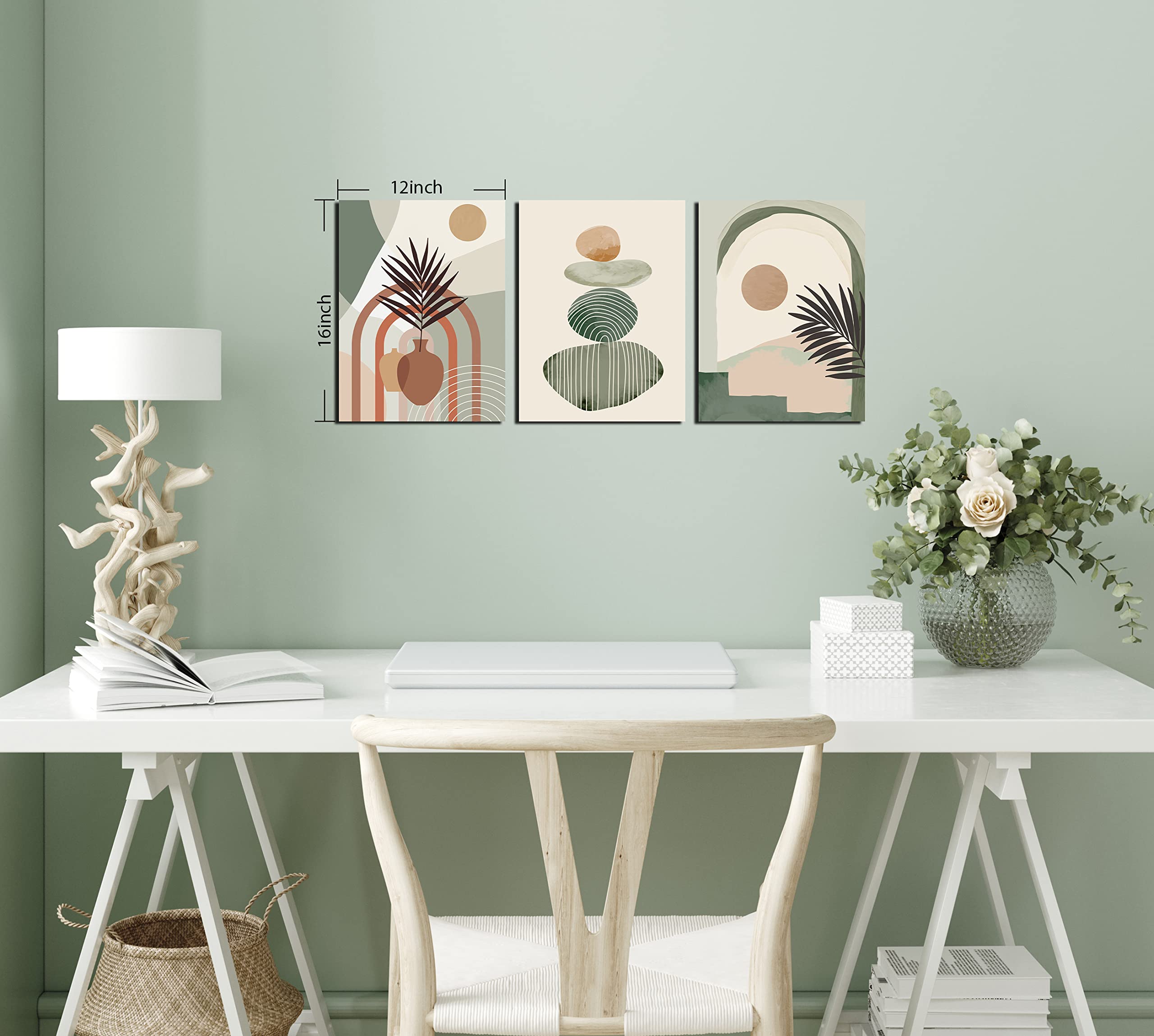 Boho Wall Art Decor Set of 3 - Green Canvas Paintings for Bedroom, Living Room & Office - 16x12 Inch Framed Ready to Hang Abstract Nature Artwork - Perfect for Home Decor, Housewarming Gifts & Interior Design
