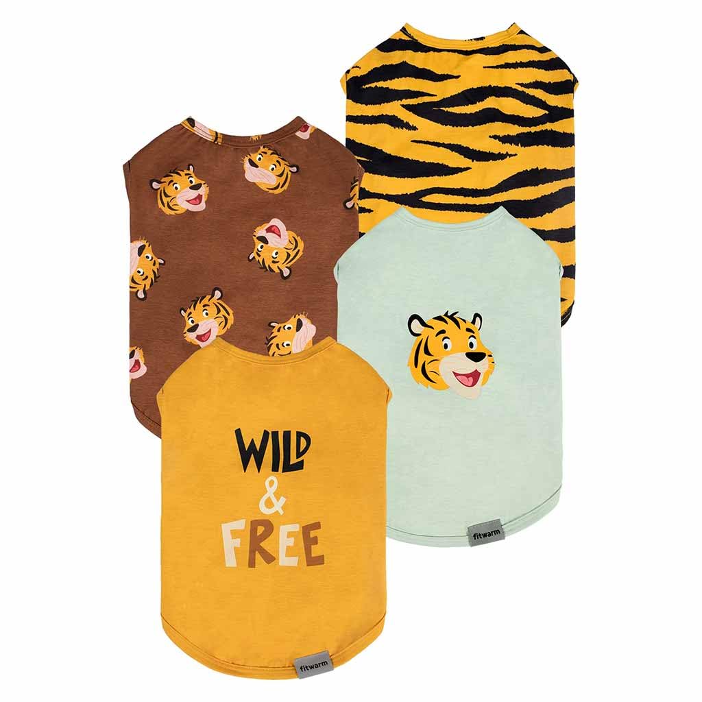 Fitwarm 4 Pack Tiger Print Dog T-Shirts - Summer Pet Clothes for Small Dogs (Yellow, Brown, Black, Green) - Cute & Funny Pet Costume for Puppies - Perfect for Parties, Photo Shoots & Daily Walks