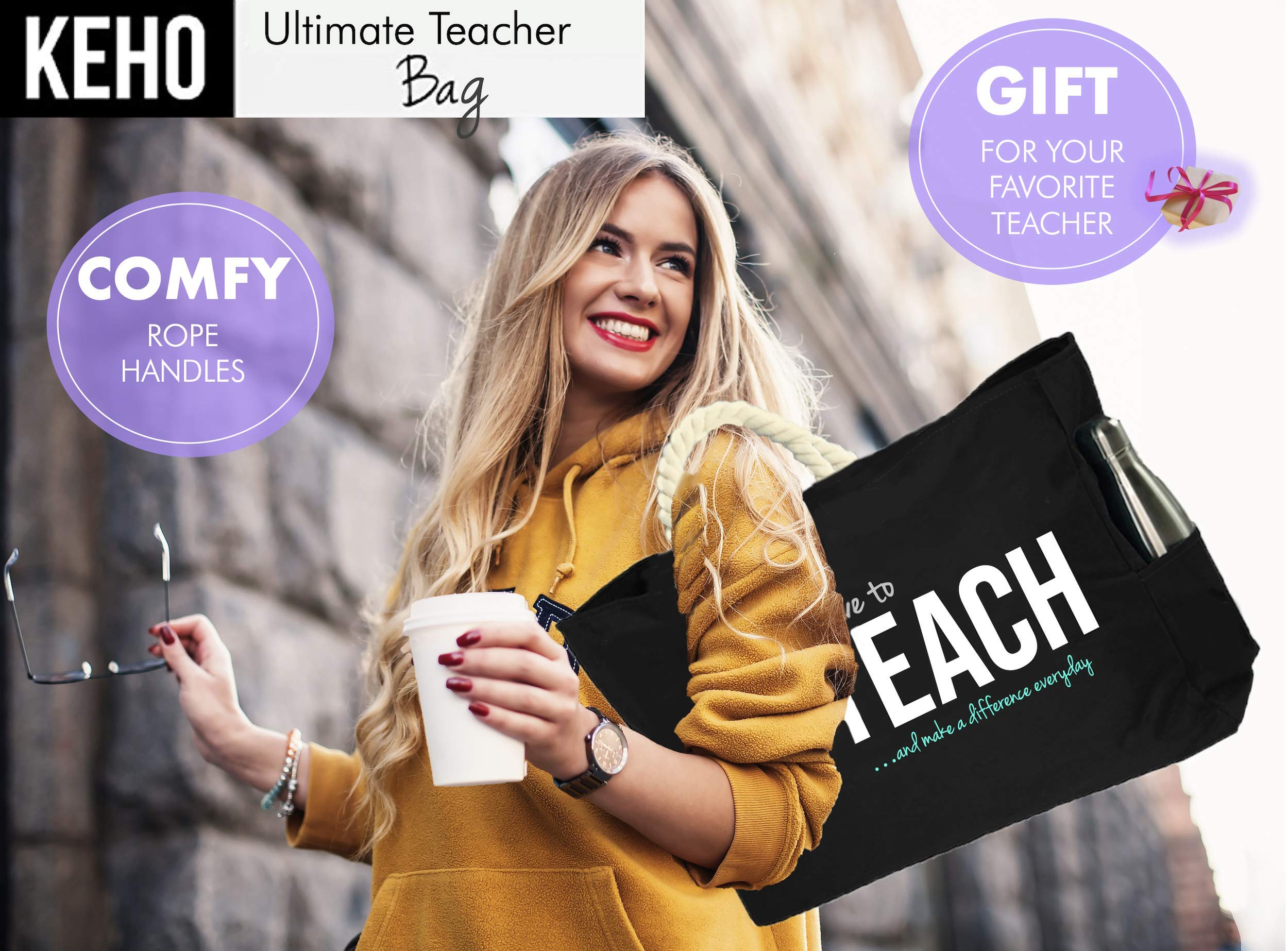 Keho XXL Waterproof Teacher Tote Bag with Multiple Pockets - Large Capacity Work Bag with Comfortable Rope Handles | Perfect Gift for Teacher Appreciation Week, School Supplies & Everyday Commute