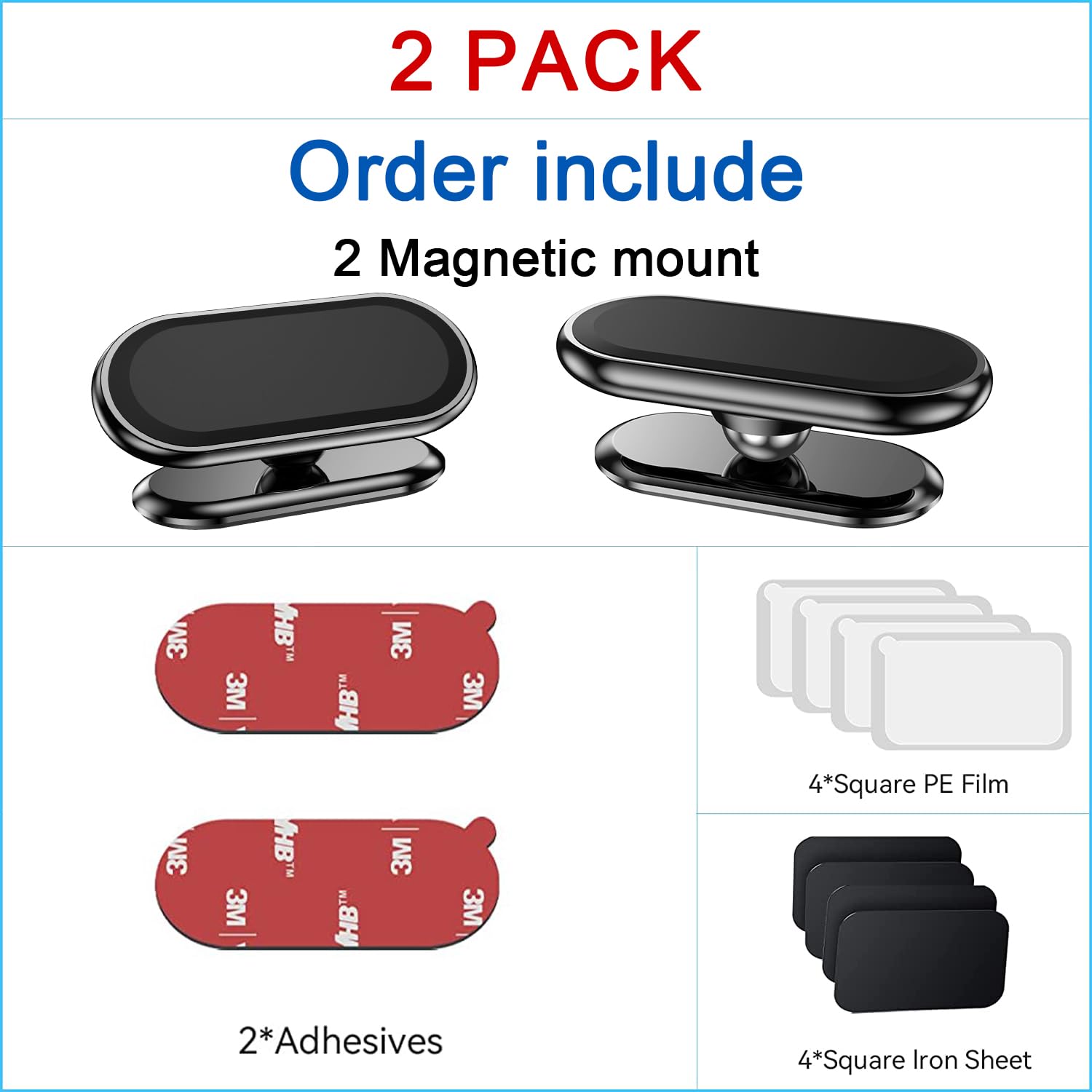 2-Pack Super Strong Magnetic Phone Holder for Car with 4 Metal Plates - 360° Rotation Universal Dash Mount for iPhone & Smartphones - Perfect for Hands-Free Navigation & Safe Driving