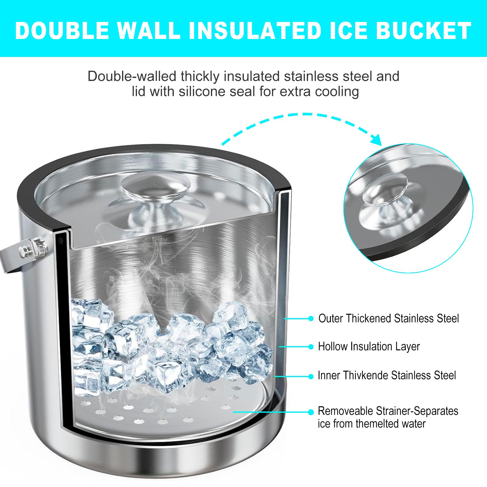 Premium Stainless Steel Ice Bucket with Lid - 3L Double-Walled Insulated Container with Strainer & Tong - Leakproof Silicone Cover for Cocktails, Wine, and Party Drinks - Perfect for Home Bars, Weddings, and Outdoor Gatherings (Silver)
