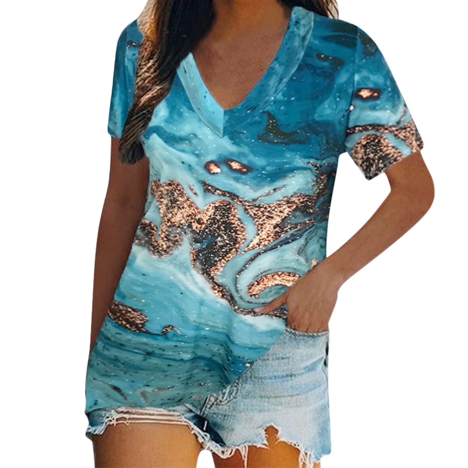 Women's Plain Short Sleeve V-Neck Tie-Dye Printed T-Shirt - Casual Summer Tops for Beach, Travel & Everyday Wear