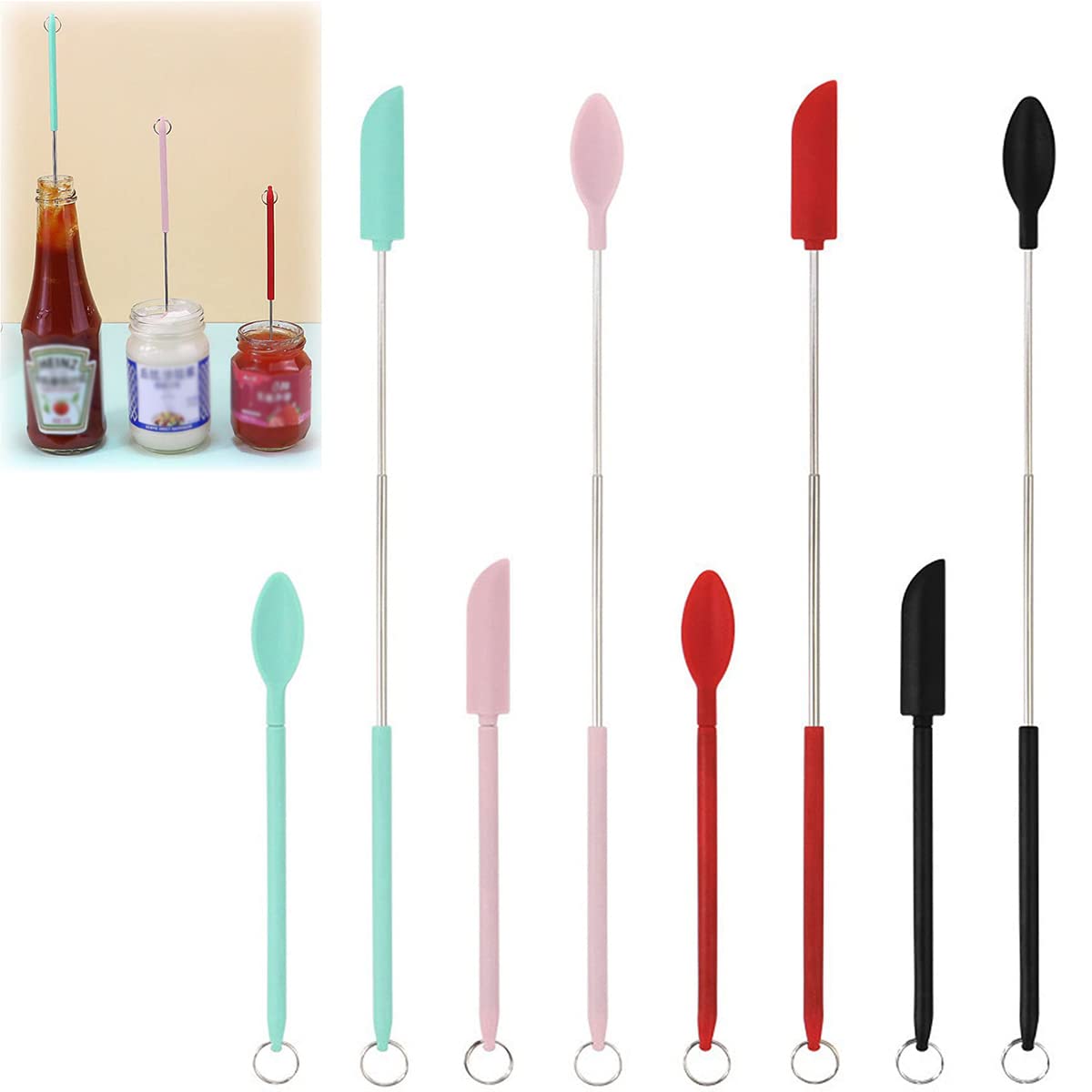 Mini Silicone Telescopic Spatula Set - Multi-Purpose Kitchen & Beauty Tool for Jars, Makeup, Lotion - Thin Long Handle Scraper for Tight Spaces - Perfect for Cooking, Baking, Cosmetic Mixing & Small Container Access