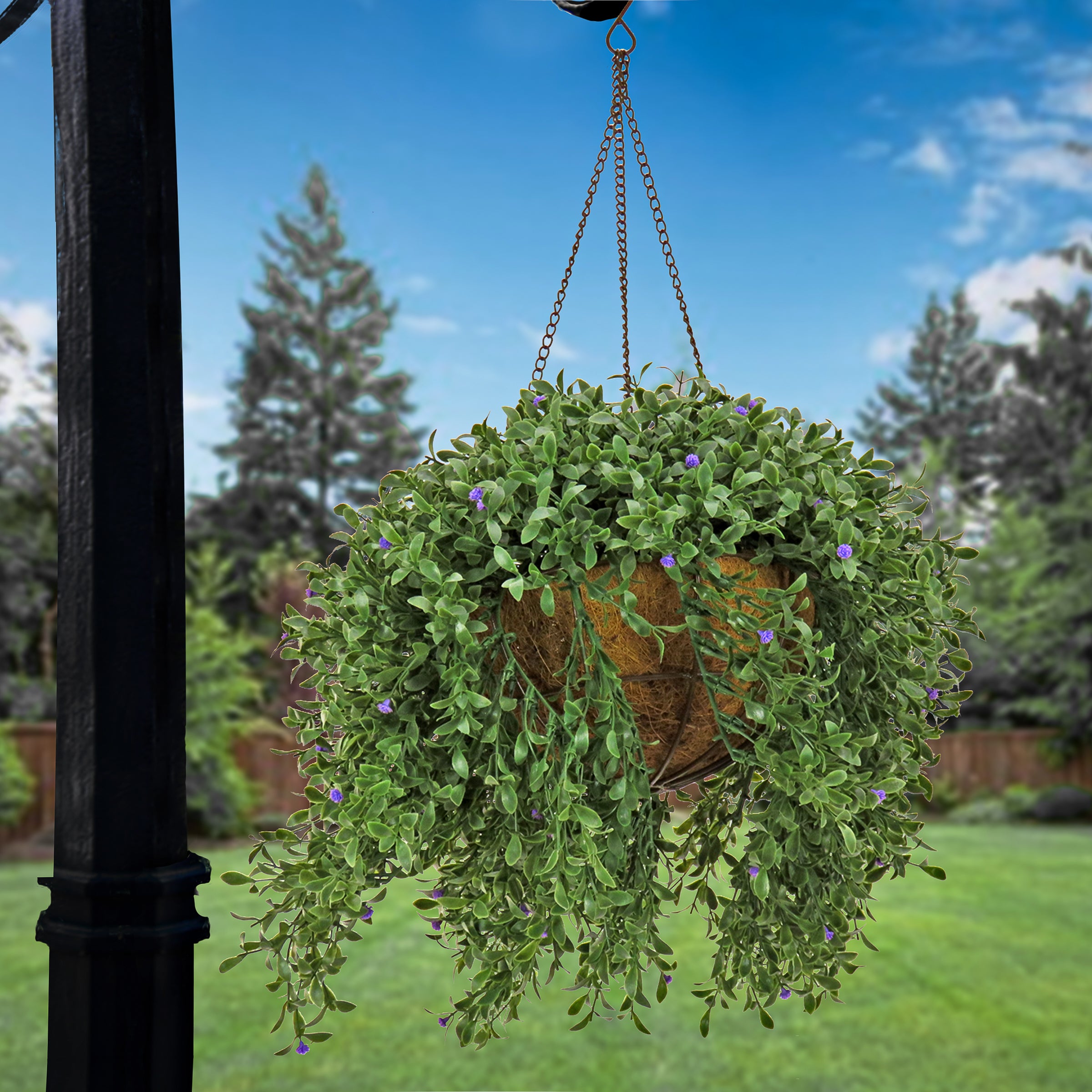 18 Inch Spring Argentea Hanging Basket with Purple Flowers - Perfect for Porch, Patio, and Garden Decor