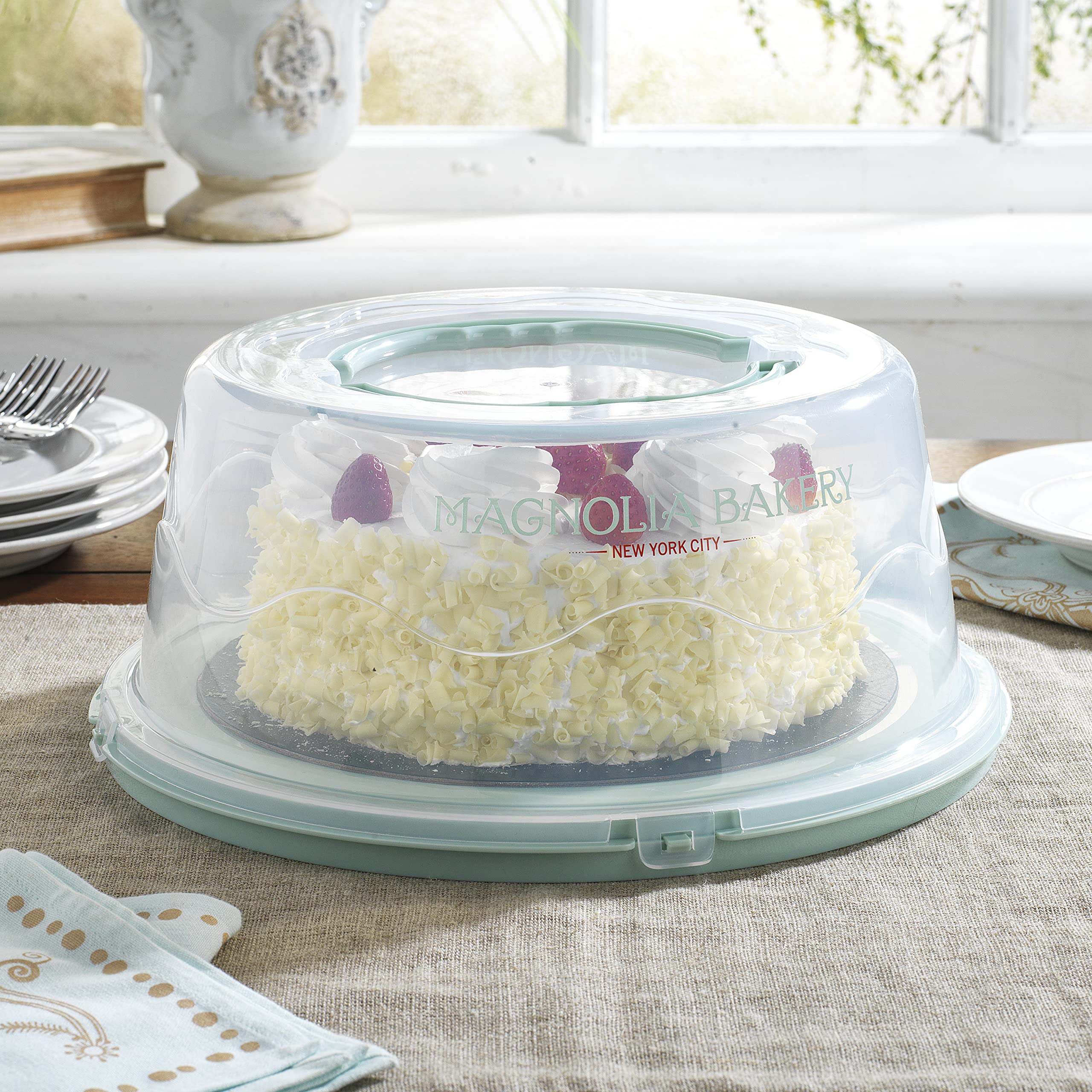 MosJos Extra Large Cake Carrier with Lid - 10-Inch Cake Holder with 2 Sturdy Snaps & Handles, 5-Section Tray for Transporting Iced Cakes - Perfect for Birthday Parties, Wedding Cakes & Baking Events (Green)