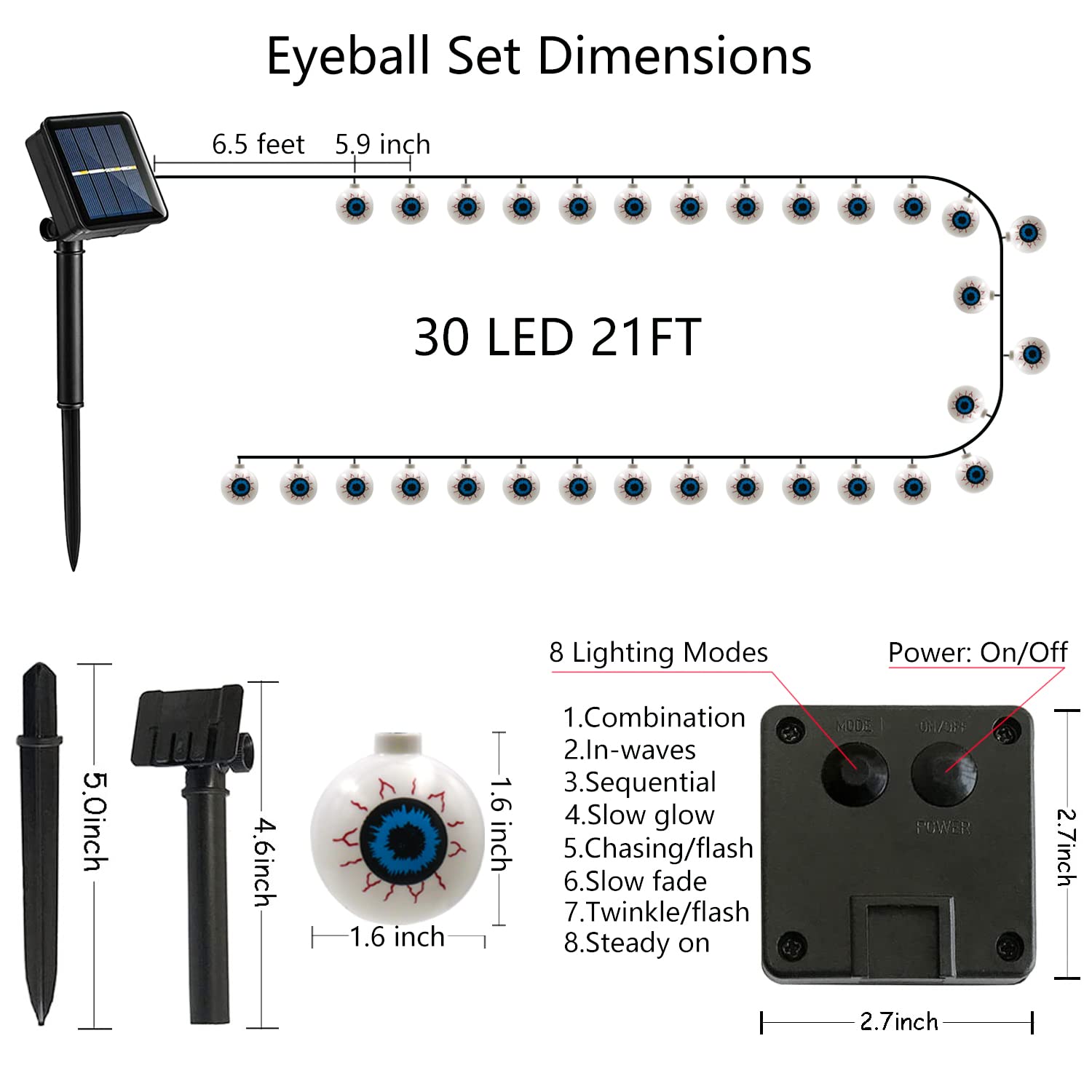 Solar Halloween Eyeball String Lights Outdoor - 30 LED Scary Eyeball Lights with 8 Lighting Modes, 21ft Waterproof Halloween Decorations for Garden, Window, Porch - Perfect for Halloween Party, Yard Decor & Spooky Nighttime Ambiance