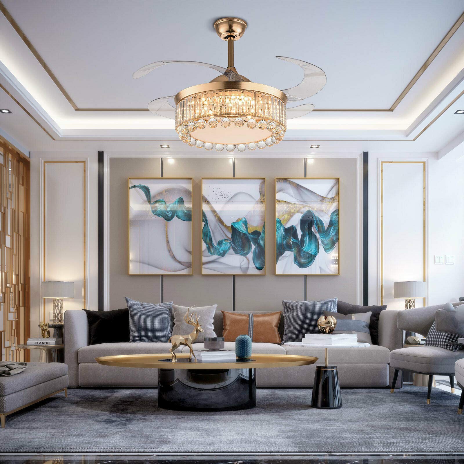 42 Inch Modern Crystal Ceiling Fan with LED Light and Remote Control - Retractable Blades, Chandelier Style for Bedroom, Living Room & Dining Room - Perfect for Home Cooling and Elegant Lighting Decor