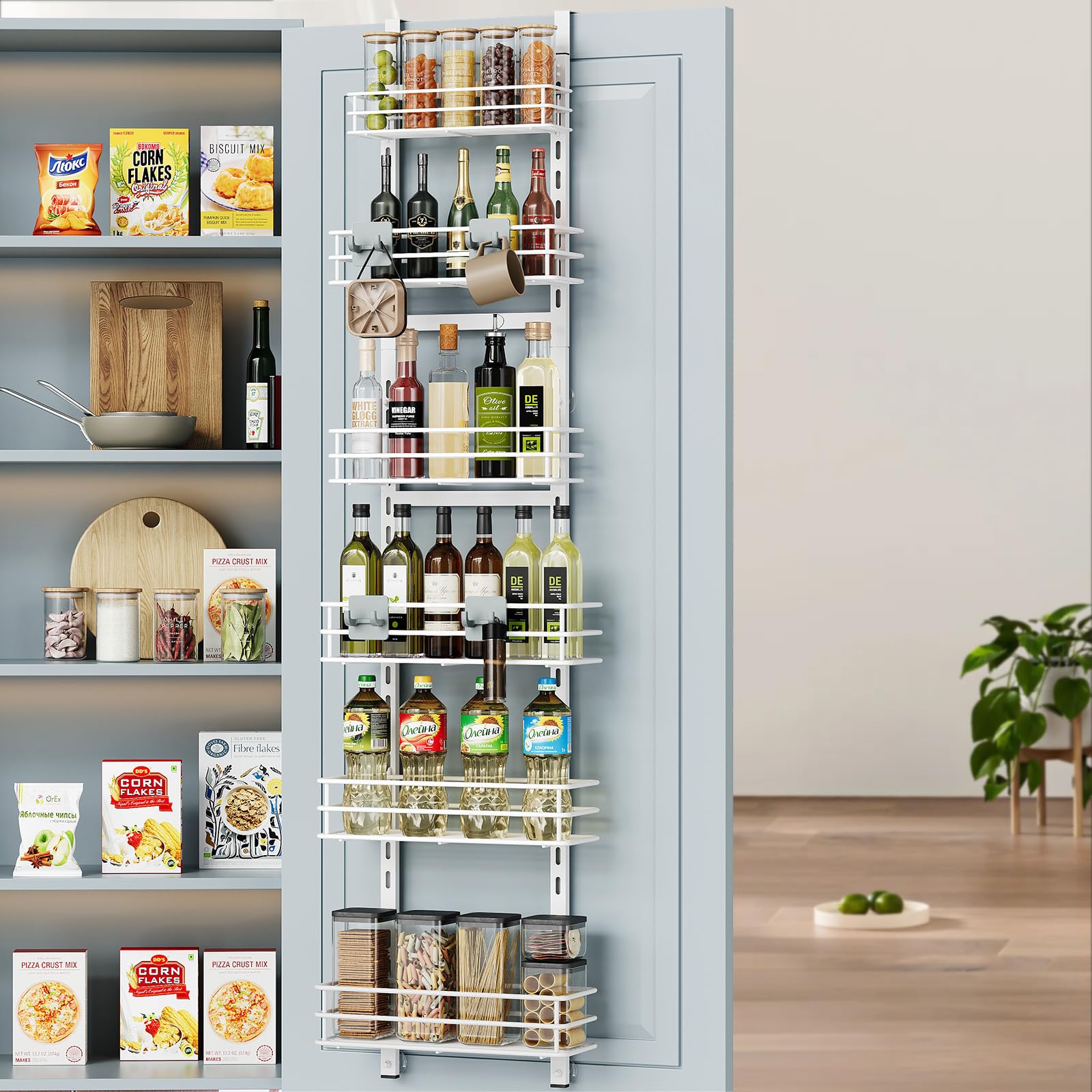 6-Tier Over the Door Pantry Organizer - White Metal Pantry Storage & Space Saver for Kitchen, Bathroom, or Closet - Easy Installation Hanging Door Organizer