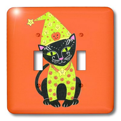 3dRose Black Cat in Halloween Costume - Orange Whimsical Cat Illustration Double Toggle Switch - Perfect for Halloween Decor, Party Supplies & Unique Home Accessories