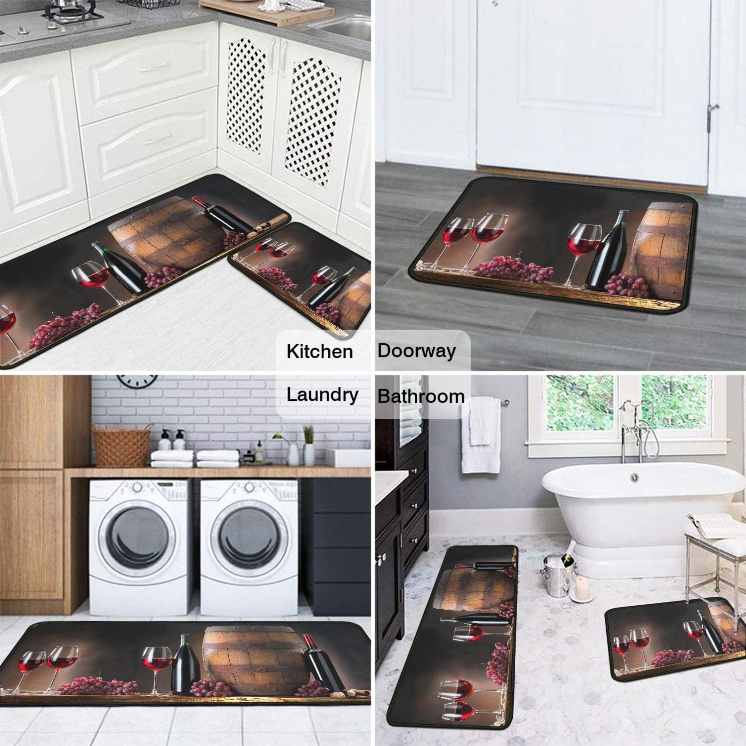 2-Piece Non-Slip Wine Kitchen Rug Set - Absorbent Microfiber 3D Wine Glass Design Washable Floor Mats (17