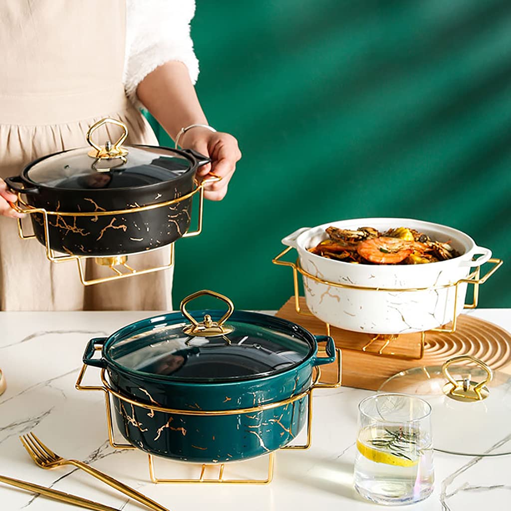 2 Quart Round Chafing Dish Set - Ceramic Marble Finish with Glass Lid for Weddings & Buffets