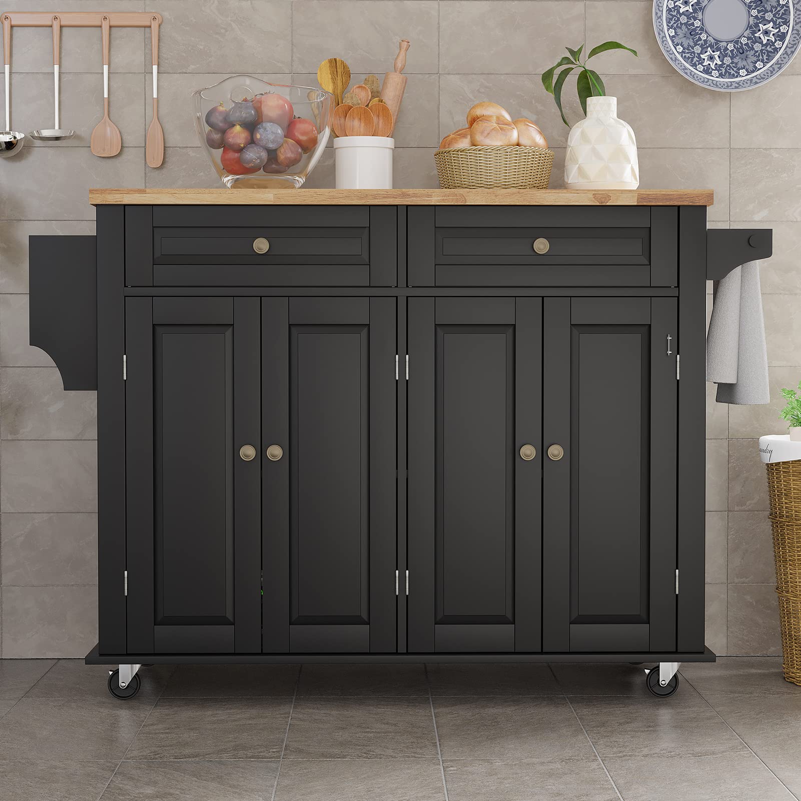 Rolling Kitchen Island with Drop Leaf - Mobile Kitchen Cart on Wheels with Storage Cabinet, Rubber Wood Top, Rack & Drawer - Matte Black for Small Spaces, Apartments & Home Cooking
