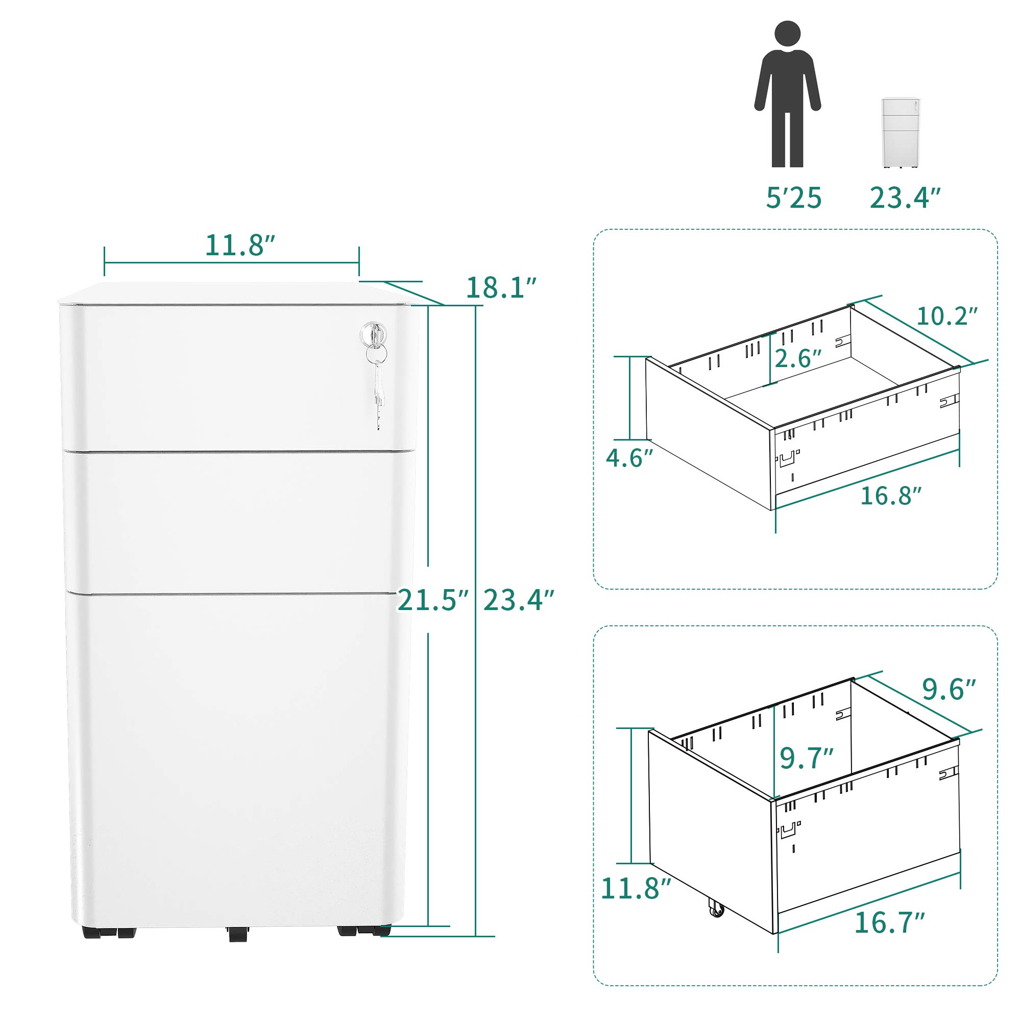 YITAHOME 3-Drawer Slim File Cabinet with Lock - Mobile Metal Office Storage for Legal/Letter Size Documents - Pre-Assembled Under Desk Filing Cabinet (White) - Perfect for Home Office, Small Spaces & Organization